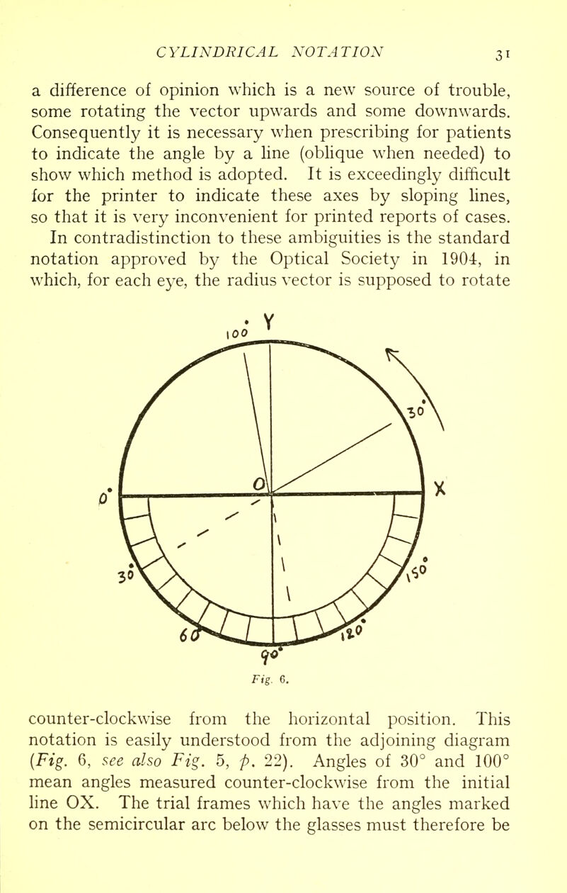 a difference of opinion which is a new source of trouble, some rotating the vector upwards and some downwards. Consequently it is necessary when prescribing for patients to indicate the angle by a line (oblique when needed) to show which method is adopted. It is exceedingly difficult for the printer to indicate these axes by sloping lines, so that it is very inconvenient for printed reports of cases. In contradistinction to these ambiguities is the standard notation approved by the Optical Society in 1904, in which, for each eye, the radius vector is supposed to rotate Fig. 6. counter-clockwise from the horizontal position. This notation is easily understood from the adjoining diagram (Fig. 6, see also Fig. 5, p. 22). Angles of 30° and 100° mean angles measured counter-clockwise from the initial line OX. The trial frames which have the angles marked on the semicircular arc below the glasses must therefore be