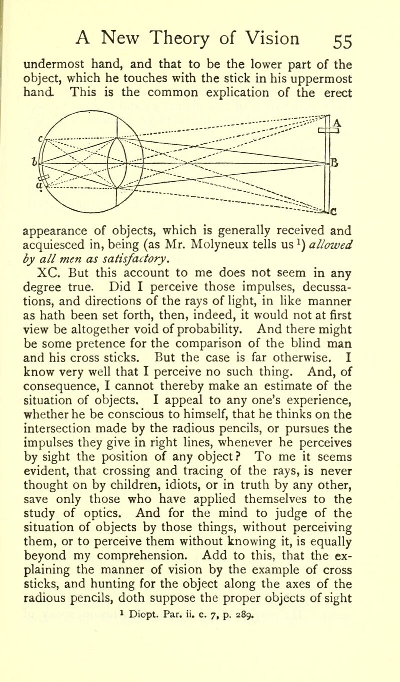 undermost hand, and that to be the lower part of the object, which he touches with the stick in his uppermost hand This is the common expHcation of the erect appearance of objects, which is generally received and acquiesced in, being (as Mr. Molyneux tells us ^) allowed by all men as satisfactory. XC. But this account to me does not seem in any degree true. Did I perceive those impulses, decussa- tions, and directions of the rays of light, in like manner as hath been set forth, then, indeed, it would not at first view be altogether void of probability. And there might be some pretence for the comparison of the blind man and his cross sticks. But the case is far otherwise. I know very well that I perceive no such thing. And, of consequence, I cannot thereby make an estimate of the situation of objects. I appeal to any one's experience, whether he be conscious to himself, that he thinks on the intersection made by the radious pencils, or pursues the impulses they give in right lines, whenever he perceives by sight the position of any object? To me it seems evident, that crossing and tracing of the rays, is never thought on by children, idiots, or in truth by any other, save only those who have applied themselves to the study of optics. And for the mind to judge of the situation of objects by those things, without perceiving them, or to perceive them without knowing it, is equally beyond my comprehension. Add to this, that the ex- plaining the manner of vision by the example of cross sticks, and hunting for the object along the axes of the radious pencils, doth suppose the proper objects of sight 1 Diopt. Par. ii. c. 7, p. 289.