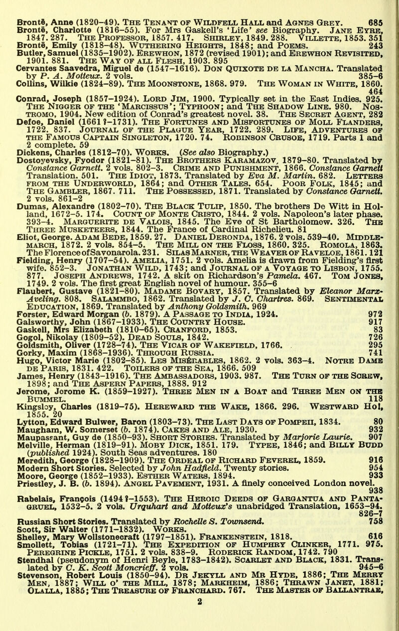 Bronte, Charlotte (1816-55). For Mrs Gaskell's 'Life' see Biography. Jane Eyre, 1847. 287. The Professor, 1857. 417. Shirley, 1849. 288. Villette, 1863. 351 Bronte, Emily (1818-48). Wutherinq Heights, 1848; and Poems. 243 Butler, Samuel (1835-1902). Erewhon, 1872 (revised 1901); and Erewhon Revisited, 1901. 881. The Way of all Flesh, 1903. 895 Cervantes Saavedra, Miguel de (1547-1616). Don Quixote de la Mancha. Translated by P. ^. Motteux. 2 vols. 385-6 Collins, Wilkie (1824-89). The Moonstone, 1868. 979. The Woman in White, 1860. 464 Conrad, Joseph (1857-1924). Lord Jim, 1900. Typically set in the East Indies. 925. The Nigger of the 'Marcissus*; Typhoon; and The Shadow Line. 980. Nos- tromo, 1904. New edition of Conrad's greatest novel. 38. The Secret Agent, 282 Defoe, Daniel (1661 ?-1731). The Fortunes and Misfortunes of Moll Flanders, 1722. 837. Journal of the Plague Year, 1722. 289. Life, Adventures op the Famous Captain Singleton, 1720. 74. Robinson Crusoe, 1719. Parts 1 and 2 complete. 59 Dickens, Charles (1812-70). WoRKS. (-See aZso Biography.) Dostoyevsky, Fyodor (1821-81). The Brothers Karamazov, 1879-80. Translated by Constance Oarnett. 2 vols. 802-3. Crime and Punishment, 1866. Constance Oamett Translation. 501. The Idiot, 1873. Translated by Eva M. Martin. 682. Letters from the Underworld, 1864; and Other Tales. 654. Poor Folk, 1845; and The Gambler, 1867. 711. The Possessed, 1871. Translated by Constance Oarnett. 2 vols. 861-2 Dumas, Alexandre (1802-70). The Black Tulip, 1850. The brothers De Witt in Hol- land, 1672-5. 174. Count of Monte Cristo, 1844. 2 vols. Napoleon's later phase. 393-4. Marguerite de Valois, 1845. The Eve of St Bartholomew. 326. Thb Three Musketeers, 1844. The France of Cardinal RicheUeu. 81 Eliot, George. Adam Bede, 1859. 27. DanielDeronda, 1876.2 vols. 539-40. Middlb- march, 1872. 2 vols. 854-5. The Mill on the Floss, 1860. 325. Romola, 1863. The Florence of Savonarola. 231. Silas Marner, the Weaver OF Raveloe, 1861.121 Fielding, Henry (1707-54). Amelia, 1751. 2 vols. Amelia is drawn from Fielding's first wife. 852-3. Jonathan Wild, 1743; and Journal of a Voyage to Lisbon, 1755. 877. Joseph Andrews, 1742. A skit on Richardson's Pamela. 467. Tom Jones, 1749. 2 vols. The first great English novel of hmnour. 355-6 Flaubert, Gustave (1821-80). Madame Bovary, 1857. Translated by Eleanor Marx- Aveling. 808. Salammbo, 1862. Translated by J. C. Chartres. 869. Sentimental Education, 1869. Translated by Anthony Ooldsmith. 969 Forster, Edward Morgan (&. 1879). A Passage to India, 1924. 972 Galsworthy, John (1867-1933). The Country House. 917 Gaskell, Mrs Elizabeth (1810-65). Cranford, 1853. 83 Gogol, Nikolay (1809-52). Dead Souls, 1842. 726 Goldsmith, OUver (1728-74). The Vicar of Wakefield, 1766. 295 Gorky, Maxim (1868-1936). Through Russia. 741 Hugo, Victor Marie (1802-85). Les Mis6rables, 1862. 2 vols. 363-4. Notre Damb de Paris, 1831. 422. Toilers of the Sea, 1866. 509 James, Henry (1843-1916). The Ambassadors, 1903. 987. The Turn of the Screw, 1898; and The Aspern Papers, 1888. 912 Jerome, Jerome K. (1859-1927). Three Men in a Boat and Three Men on thb Bummel. 118 Kingsloy, Charles (1819-75). Hereward the Wake, 1866. 296. Westward HoI, 1855. 20 Lytton, Edward Bulwer, Baron (1803-73). The Last Days of Pompeii, 1834. 80 Maugham, W. Somerset (&. 1874). Cakes and Ale, 1930. 932 Maupassant, Guy de (1850-93). Short Stories. Translated by Marjorie Laurie. 907 Melville, Herman (1819-91). Moby Dick, 1851. 179. Typee, 1846; and Billy Budd (published 1924). South Seas adventures. 180 Meredith, George (1828-1909). The Ordeal of Richard Feverel, 1859. 916 Modern Short Stories. Selected by John Hadfield. Twenty stories. 954 Moore, George (1852-1933). Esther Waters, 1894. 933 Priestley, J. B. (6. 1894). Angel Pavement, 1931. A finely conceived London novel. 938 Rabelais, Francois (1494 ?-1553). The Heroic Deeds of Gargantua and Panta- qruel, 1532-5. 2 vols. Urquhart and Motteux's unabridged Translation, 1653-94. 826-7 Russian Short Stories. Translated by Rochelle S. Townsend. 7 58 Scott, Sir Walter (1771-1832). Works. Shelley, Mary WoUstonecraft (1797-1851). Frankenstein, 1818. 616 SmoUett, Tobias (1721-71). The Expedition of Humphry Clinker, 1771. 975. Peregrine Pickle, 1751. 2 vols. 838-9. Roderick Random, 1742. 790 Stendhal (pseudonym of Henri Beyle, 1783-1842). Scarlet and Black, 1831. Trans- lated by C. K. Scott Moncrieff. 2 vols. 945-6 Stevenson, Robert Louis (1850-94). Dr Jekyll and Mr Hyde, 1886; The Merrt Men, 1887; Will o' the Mill, 1878; Markheim, 1886; Thrawn Janet, 1881; Olalla, 1885; The Treasure of Fbanchard. 7 67. The Master of Ballantrab,