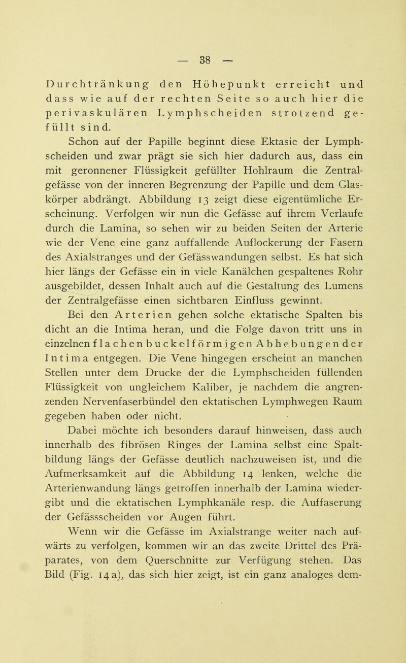 Durchtränkung den Höhepunkt erreicht und dass wie auf der rechten Seite so auch hier die perivaskulären Lymphscheiden strotzend ge- füllt sind. Schon auf der Papille beginnt diese Ektasie der Lymph- scheiden und zwar prägt sie sich hier dadurch aus, dass ein mit geronnener Flüssigkeit gefüllter Hohlraum die Zentral- gefässe von der inneren Begrenzung der Papille und dem Glas- körper abdrängt. Abbildung 13 zeigt diese eigentümliche Er- scheinung. Verfolgen wir nun die Gefässe auf ihrem Verlaufe durch die Lamina, so sehen wir zu beiden Seiten der Arterie wie der Vene eine ganz auffallende Auflockerung der Fasern des Axialstranges und der Gefässwandungen selbst. Es hat sich hier längs der Gefässe ein in viele Kanälchen gespaltenes Rohr ausgebildet, dessen Inhalt auch auf die Gestaltung des Lumens der Zentralgefässe einen sichtbaren Einfluss gewinnt. Bei den Arterien gehen solche ektatische Spalten bis dicht an die Intima heran, und die Folge davon tritt uns in einzelnen flach enbuckelförmigen Abhebungen der Intima entgegen. Die Vene hingegen erscheint an manchen Stellen unter dem Drucke der die Lymphscheiden füllenden Flüssigkeit von ungleichem Kaliber, je nachdem die angren- zenden Nervenfaserbündel den ektatischen Lymphwegen Raum gegeben haben oder nicht. Dabei möchte ich besonders darauf hinweisen, dass auch innerhalb des fibrösen Ringes der Lamina selbst eine Spalt- bildung längs der Gefässe deutlich nachzuweisen ist, und die Aufmerksamkeit auf die Abbildung 14 lenken, welche die Arterienwandung längs getroffen innerhalb der Lamina wieder- gibt und die ektatischen Lymphkanäle resp. die Auffaserung der Gefässscheiden vor Augen führt. Wenn wir die Gefässe im Axialstrange weiter nach auf- wärts zu verfolgen, kommen wir an das zweite Drittel des Prä- parates, von dem Querschnitte zur Verfügung stehen. Das Bild (Fig. 14 a), das sich hier zeigt, ist ein ganz analoges dem-