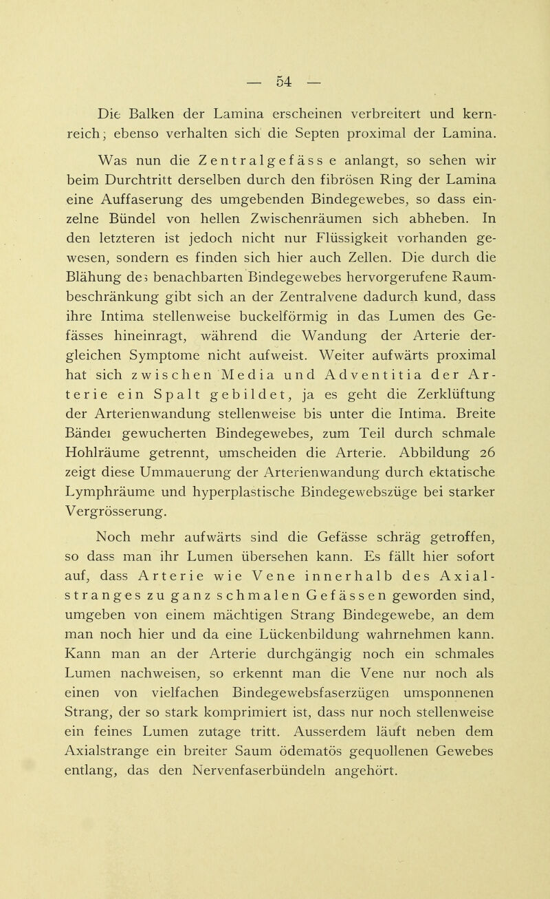 Die Balken der Lamina erscheinen verbreitert und kern- reich; ebenso verhalten sich' die Septen proximal der Lamina. Was nun die Zentralgefäss e anlangt, so sehen wir beim Durchtritt derselben durch den fibrösen Ring der Lamina eine Auffaserung des umgebenden Bindegewebes, so dass ein- zelne Bündel von hellen Zwischenräumen sich abheben. In den letzteren ist jedoch nicht nur Flüssigkeit vorhanden ge- wesen, sondern es finden sich hier auch Zellen. Die durch die Blähung de? benachbarten Bindegewebes hervorgerufene Raum- beschränkung gibt sich an der Zentralvene dadurch kund, dass ihre Intima stellenweise buckeiförmig in das Lumen des Ge- fässes hineinragt, während die Wandung der Arterie der- gleichen Symptome nicht aufweist. Weiter aufwärts proximal hat sich zwischen Media und Adventitia der Ar- terie ein Spalt gebildet, ja es geht die Zerklüftung der Arterienwandung stellenweise bis unter die Intima. Breite Bänder gewucherten Bindegewebes, zum Teil durch schmale Hohlräume getrennt, umscheiden die Arterie. Abbildung 26 zeigt diese Ummauerung der Arterienwandung durch ektatische Lymphräume und hyperplastische Bindegewebszüge bei starker Vergrösserung. Noch mehr aufwärts sind die Gefässe schräg getroffen, so dass man ihr Lumen übersehen kann. Es fällt hier sofort auf, dass Arterie wie Vene innerhalb des Axi al- strang es zu ganz schmalen Gefässen geworden sind, umgeben von einem mächtigen Strang Bindegewebe, an dem man noch hier und da eine Lückenbildung wahrnehmen kann. Kann man an der Arterie durchgängig noch ein schmales Lumen nachweisen, so erkennt man die Vene nur noch als einen von vielfachen Bindegewebsfaserzügen umsponnenen Strang, der so stark komprimiert ist, dass nur noch stellenweise ein feines Lumen zutage tritt. Ausserdem läuft neben dem Axialstrange ein breiter Saum ödematös gequollenen Gewebes entlang, das den Nervenfaserbündeln angehört.