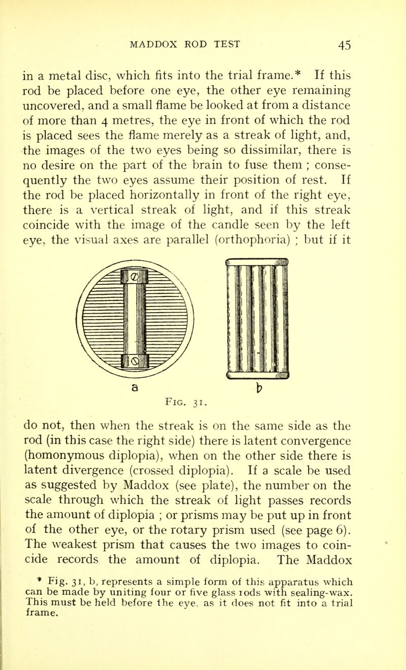 in a metal disc, which fits into the trial frame.* If this rod be placed before one eye, the other eye remaining uncovered, and a small flame be looked at from a distance of more than 4 metres, the eye in front of which the rod is placed sees the flame merely as a streak of light, and, the images of the two eyes being so dissimilar, there is no desire on the part of the brain to fuse them ; conse- quently the two eyes assume their position of rest. If the rod be placed horizontally in front of the right eye, there is a vertical streak of light, and if this streak coincide with the image of the candle seen by the left eye, the visual axes are parallel (orthophoria) ; but if it Fig. 31. do not, then when the streak is on the same side as the rod (in this case the right side) there is latent convergence (homonymous diplopia), when on the other side there is latent divergence (crossed diplopia). If a scale be used as suggested by Maddox (see plate), the number on the scale through which the streak of light passes records the amount of diplopia ; or prisms may be put up in front of the other eye, or the rotary prism used (see page 6). The weakest prism that causes the two images to coin- cide records the amount of diplopia. The Maddox * Fig. 31, b, represents a simple form of this apparatus which can be made by uniting four or five glass rods with sealing-wax. This must be held before the eye, as it does not fit into a trial frame.