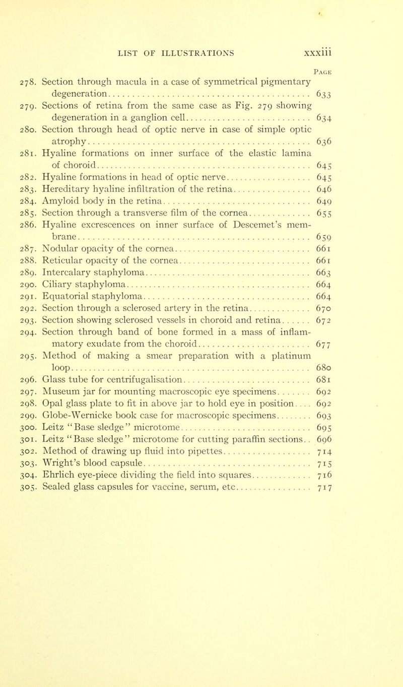 Page 278. Section throtigh macula in a case of symmetrical pigmentary degeneration 633 279. Sections of retina from the same case as Fig. 279 showing degeneration in a ganglion cell 634 280. Section through head of optic nerve in case of simple optic atrophy 636 281. Hyaline formations on inner surface of the elastic lamina of choroid 645 282. Hyaline formations in head of optic nerve 645 283. Hereditary hyaline infiltration of the retina 646 284. Amyloid body in the retina 649 285. Section through a transverse film of the cornea 655 286. Hyaline excrescences on inner surface of Descemet's mem- brane 659 287. Nodular opacity of the cornea 661 288. Reticular opacity of the cornea 661 289. Intercalary staphyloma 663 290. Ciliary staphyloma 664 291. Equatorial staphyloma 664 292. Section through a sclerosed artery in the retina 670 293. Section showing sclerosed vessels in choroid and retina 672 294. Section through band of bone formed in a mass of inflam- matory exudate from the choroid 677 295. Method of making a smear preparation with a platinum loop 680 296. Glass tube for centrifugalisation 681 297. Museum jar for mounting macroscopic eye specimens 692 298. Opal glass plate to fit in above jar to hold eye in position. ... 692 299. Globe-Wernicke book case for macroscopic specimens 693 300. Leitz Base sledge microtome 695 301. Leitz Base sledge microtome for cutting paraffin sections.. 696 302. Method of drawing up fluid into pipettes 714 303. Wright's blood capsule 715 304. Ehrlich eye-piece dividing the field into squares 716 305. Sealed glass capsules for vaccine, serum, etc. 717