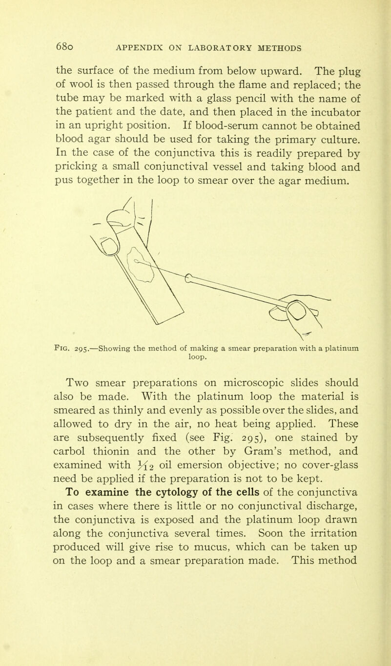 the surface of the medium from below upward. The plug of wool is then passed through the flame and replaced; the tube may be marked with a glass pencil with the name of the patient and the date, and then placed in the incubator in an upright position. If blood-serum cannot be obtained blood agar should be used for taking the primary culture. In the case of the conjunctiva this is readily prepared by pricking a small conjunctival vessel and taking blood and pus together in the loop to smear over the agar medium. Fig. 295.—Showing the method of making a smear preparation with a platinum loop. Two smear preparations on microscopic slides should also be made. With the platinum loop the material is smeared as thinly and evenly as possible over the slides, and allowed to dry in the air, no heat being applied. These are subsequently fixed (see Fig. 295), one stained by carbol thionin and the other by Gram's method, and examined with 3^f2 oil emersion objective; no cover-glass need be applied if the preparation is not to be kept. To examine the cytology of the cells of the conjunctiva in cases where there is little or no conjunctival discharge, the conjunctiva is exposed and the platinum loop drawn along the conjunctiva several times. Soon the irritation produced will give rise to mucus, which can be taken up on the loop and a smear preparation made. This method