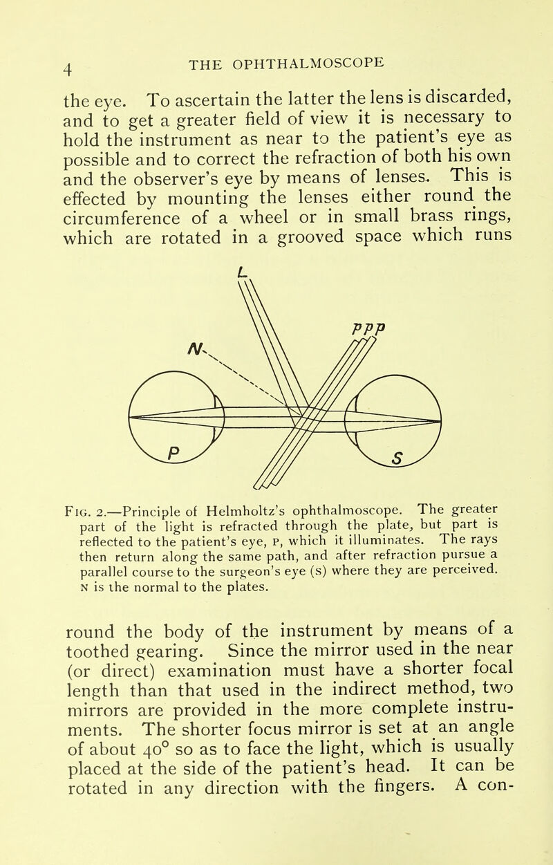 the eye. To ascertain the latter the lens is discarded, and to get a greater field of view it is necessary to hold the instrument as near to the patient's eye as possible and to correct the refraction of both his own and the observer's eye by means of lenses. This is effected by mounting the lenses either round the circumference of a wheel or in small brass rings, which are rotated in a grooved space which runs L VP? \\\' //// Vs Fig. 2.—Principle of Helmholtz's ophthalmoscope. The greater part of the light is refracted through the plate, but part is reflected to the patient's eye, p, which it illuminates. The rays then return along the same path, and after refraction pursue a parallel course to the surgeon's eye (s) where they are perceived. n is the normal to the plates. round the body of the instrument by means of a toothed gearing. Since the mirror used in the near (or direct) examination must have a shorter focal length than that used in the indirect method, two mirrors are provided in the more complete instru- ments. The shorter focus mirror is set at an angle of about 400 so as to face the light, which is usually placed at the side of the patient's head. It can be rotated in any direction with the fingers. A con-