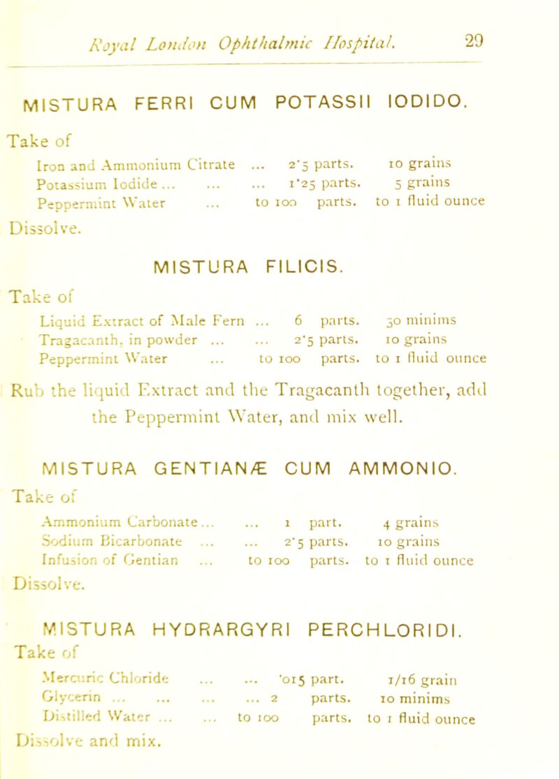 MISTURA FERRI CUM POTASSI1 IODIDO. Take of Iron and Ammonium Citrate ... 2'5 parts. Potassium Iodide i'2$ parts Peppermint Water ... to ion parts. Dissolve. MISTURA FILICIS. Take of Liquid Extract of Male Fern ... 6 parts. 50 minims Tragacanth. in powder 2'5 parts. 10 grains Peppermint Water ... to 100 parts, to 1 fluid ounce Rub the liquid Extract and the Tragacanth together, add the Peppermint Water, and mix well. MISTURA GENTIAN/E CUM AM MON10. Take of Ammonium Carbonate... ... 1 part. 4 grain> Sodium Bicarbonate ... ... 2*5 parts. 10 grains Infusion of Gentian ... to 100 parts, to 1 fluid ounce Dissolve. MISTURA HYDRARGYRI PERCHLORIDI. Take of Mercuric Chloride '015 part. 1/16 grain Glycerin 2 parts. 10 minims Distilled Water to 100 parts, to 1 fluid ounce Dissolve and mix. 10 grains 5 grains to 1 fluid ounce