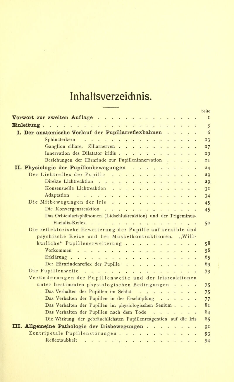 Inhaltsverzeichnis. Seite Vorwort zur zweiten Auflage i Einleitung 3 I. Der anatomische Verlauf der Pupillarreflexbalinen 6 Sphincterkern 13 Ganglion ciliare. Ziliarnerven 17 Innervation des Dilatator iridis 19 Beziehungen der Hirnrinde zur Pupilleninnervation 21 II. Physiologie der Pupillenbewegungen 24 Der Lichtreflex der Pupille 29 Direkte Lichtreaktion 29 Konsensuelle Lichtreaktion 31 Adaptation 34 Die Mitbewegungen der Iris 45 Die Konvergenzreaktion 45 Das Orbicularisphänomen (Lidschlußreaktion) und der Trigeminus- Facialis-Reflex 50 Die reflektorische Eru^eiterung der Pupille auf sensible und psychische Reize und bei Muskelkontraktionen. „Will- kürliche Pupillenerweiterung 58 Vorkommen 58 Erklärung 65 Der Hirnrindenreflex der Pupille 69 Die Pupillenweite 73 Veränderungen der P u p i 11 e n w e i t e und der Irisreaktionen unter bestimmten physiologischen Bedingungen .... 75 Das Verhalten der Pupillen im Schlaf 75 Das Verhalten der Pupillen in der Erschöpfung 77 Das Verhalten der Pupillen im physiologischen Senium .... 81 Das Verhalten der Pupillen nach dem Tode 84 Die Wirkung der gebräuchlichsten Pupillenreagentien auf die Iris 85 III. Allgemeine Pathologie der Irisbewegungen 91 Zentripetale Pupillenstörungen 93 Reflextaubheit 94