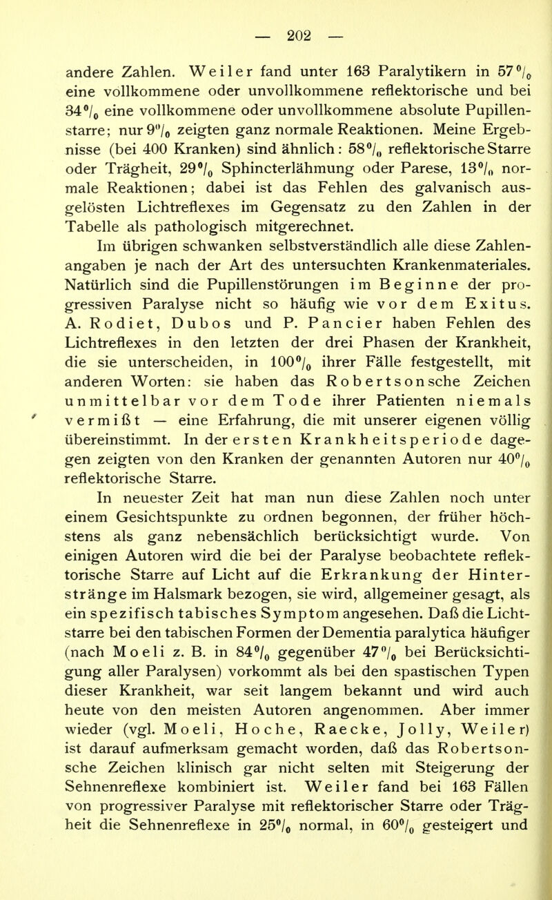 andere Zahlen. Weiler fand unter 163 Paralytikern in 57^/^ eine vollkommene oder unvollkommene reflektorische und bei S4:^Iq eine vollkommene oder unvollkommene absolute Pupillen- starre ; nur 9^Vo zeigten ganz normale Reaktionen. Meine Ergeb- nisse (bei 400 Kranken) sind ähnlich: 58 reflektorische Starre oder Trägheit, 29 ^/^ Sphincterlähmung oder Parese, 13^/o nor- male Reaktionen; dabei ist das Fehlen des galvanisch aus- gelösten Lichtreflexes im Gegensatz zu den Zahlen in der Tabelle als pathologisch mitgerechnet. Im übrigen schwanken selbstverständlich alle diese Zahlen- angaben je nach der Art des untersuchten Krankenmateriales. Natürlich sind die Pupillenstörungen im Beginne der pro- gressiven Paralyse nicht so häufig wie vor dem Exitus. A. Rodiet, Dubos und P. Pancier haben Fehlen des Lichtreflexes in den letzten der drei Phasen der Krankheit, die sie unterscheiden, in 100**/^ ihrer Fälle festgestellt, mit anderen Worten: sie haben das Robertsonsche Zeichen unmittelbar vor dem Tode ihrer Patienten niemals vermißt — eine Erfahrung, die mit unserer eigenen völlig übereinstimmt. In der ersten Krankheitsperiode dage- gen zeigten von den Kranken der genannten Autoren nur 40^/^ reflektorische Starre. In neuester Zeit hat man nun diese Zahlen noch unter einem Gesichtspunkte zu ordnen begonnen, der früher höch- stens als ganz nebensächlich berücksichtigt wurde. Von einigen Autoren wird die bei der Paralyse beobachtete reflek- torische Starre auf Licht auf die Erkrankung der Hinter- stränge im Halsmark bezogen, sie wird, allgemeiner gesagt, als ein spezifisch tabisches Symptom angesehen. Daß die Licht- starre bei den tabischen Formen der Dementia paralytica häufiger (nach Moeli z. B. in 84^/^^ gegenüber 47^Iq bei Berücksichti- gung aller Paralysen) vorkommt als bei den spastischen Typen dieser Krankheit, war seit langem bekannt und wird auch heute von den meisten Autoren angenommen. Aber immer wieder (vgl. Moeli, Hoche, Raecke, Jolly, Weiler) ist darauf aufmerksam gemacht worden, daß das Robertson- sche Zeichen klinisch gar nicht selten mit Steigerung der Sehnenreflexe kombiniert ist. Weiler fand bei 163 Fällen von progressiver Paralyse mit reflektorischer Starre oder Träg- heit die Sehnenreflexe in 25*^/o normal, in 60^/^ gesteigert und