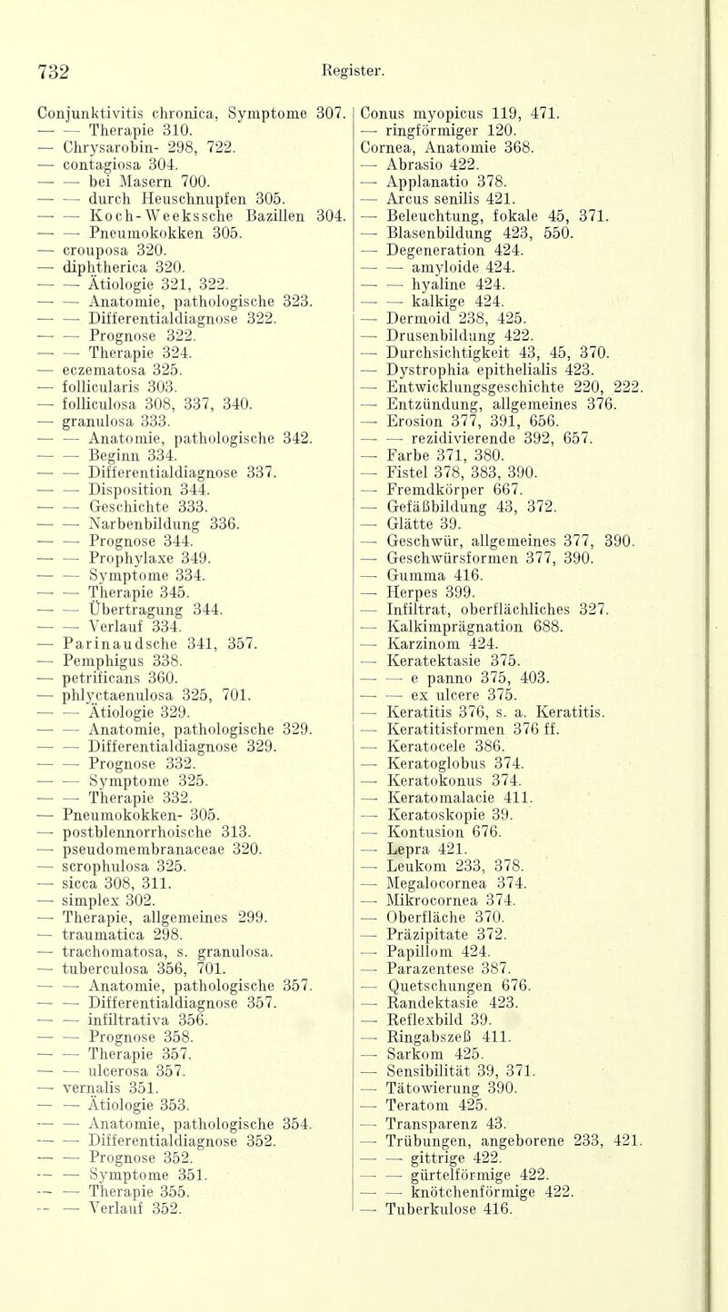 Coiijunktivitis chronica, Symptome 307. Therapie 310. — Chrysarobin- 298, 722. — contagiosa 304. — — bei Masern 700. durch Heuschnupfen 305. Koch-Weekssche Bazillen 304. ■ Pneumokokken 305. — crouposa 320. — diphtherica 320. • Ätiologie 321, 322. — — Anatomie, pathologische 323. — — Differentialdiagnose 322. —• — Prognose 322. Therapie 324. — eczematosa 325. — follicularis 303. — folüculosa 308, 337, 340. — granulosa 333. Anatomie, pathologische 342. Beginn 334. Differentialdiagnose 337. Disposition 344. Geschichte 333. Narbenbildung 336. Prognose 344. Prophylaxe 349. — — Symptome 334. • Therapie 345. — — Übertragung 344. Verlauf 334. — Parinaudsche 341, 357. — Pemphigus 338. — petrificans 360. — phlyctaenulosa 325, 701. Ätiologie 329. Anatomie, pathologische 329. Differentialdiagnose 329. Prognose 332. Symptome 325. Therapie 332. — Pneumokokken- 305. — postblennorrhoische 313. — pseudomembranaceae 320. — scrophulosa 325. — sicca 308, 311. —• Simplex 302. —• Therapie, allgemeines 299. — traumatica 298. — trachomatosa, s. granulosa. — tuberculosa 356, 701. — — Anatomie, pathologische 357. Differentialdiagnose 357. — — infiltrativa 356. — — Prognose 358. Therapie 357. — — ulcerosa 357. — vernalis 351. Ätiologie 353. Anatomie, pathologische 354. Differentialdiagnose 352. Prognose 352. -- — Symptome 351. — — Therapie 355. ■- — Verlauf 352. Conus myopicus 119, 471. — ringförmiger 120. Cornea, Anatomie 368. — Abrasio 422. — Applanatio 378. — Arcus senüis 421. — Beleuchtung, fokale 45, 371. — Blasenbüdung 423, 550. — Degeneration 424. amyloide 424. — — hyaline 424. kalkige 424. — Dermoid 238, 425. — Drusenbildung 422. — Durchsichtigkeit 43, 45, 370. — Dystrophia epithelialis 423. — Entwicklungsgeschichte 220, 222. — Entzündung, allgemeines 376. — Erosion 377, 391, 656. ■ rezidivierende 392, 657. — Farbe 371, 380. — Fistel 378, 383, 390. — Fremdkörper 667. — Gefäßbildung 43, 372. — Glätte 39. — Geschwür, allgemeines 377, 390. — Geschwürsformen 377, 390. — Gumma 416. — Herpes 399. — Infiltrat, oberflächliches 327. — Kalkimprägnation 688. — Karzinom 424. — Keratektasie 375. e panno 375, 403. ex ulcere 375. — Keratitis 376, s. a. Keratitis. — Keratitisformen 376 ff. — Keratocele 386. — Keratoglobus 374. — Keratokonus 374. — Keratomalacie 411. — Keratoskopie 39. — Kontusion 676. — Lepra 421. — Leukom 233, 378. — Megalocornea 374. — MikroCornea 374. — Oberfläche 370. — Präzipitate 372. — Papillom 424. — Parazentese 387. — Quetschungen 676. — Randektasie 423. — Reflexbild 39. — Ringabszeß 411. — Sarkom 425. — SensibUität 39, 371. — Tätowierung 390. — Teratom 425. — Transparenz 43. — Trübungen, angeborene 233, 421. gittrige 422. gürtelförmige 422. knötchenförmige 422. — Tuberkulose 416.