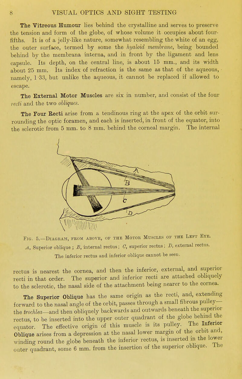 The Vitreous Humour lies behind the crystalline and serves to preserve the tension and form of the globe, of whose volume it occupies about four- fifths. It is of a jelly-like nature, somewhat resembling the white of an egg, the outer surface, termed by some the hyaloid membrane, being bounded behind by the membrana interna, and in front by the ligament and lens capsule. Its depth, on the central line, is about 15 mm., and its width about 25 mm. Its index of refraction is the same as that of the aqueous, namely, 1 33, but unlike the aqueous, it cannot be replaced if allowed to escape. The External Motor Muscles are six in number, and consist of the four recti and the two obliques. The Four Recti arise from a tendinous ring at the apex of the orbit sin- rounding the optic foramen, and each is inserted, in front of the equator, into the sclerotic from 5 mm. to 8 mm. behind the corneal margin. The internal m Fig. 5.—Diagram, fkom above, of the Motoh Muscles of the Left Eye. A, Superior oblique ; B, internal rectus ; C, superior rectus; D, external rectus. The inferior rectus and inferior oblique cannot be seen. rectus is nearest the cornea, and then the inferior, external, and superior recti in that order. The superior and inferior recti are attached obliquely to the sclerotic, the nasal side of the attachment being nearer to the cornea. The Superior Oblique has the same origin as the recti, and, extending forward to the nasal angle of the orbit, passes through a small fibrous pulley— the trochlea—Bind then obliquely backwards and outwards beneath the superior rectus, to be inserted into the upper outer quadrant of the globe behind the equator. The effective origin of this muscle is its pulley. The Inferior Oblique arises from a depression at the nasal lower margin of the orbit and, winding round the globe beneath the inferior rectus, is inserted in the lower outer quadrant, some 6 mm. from the insertion of the superior oblique, the