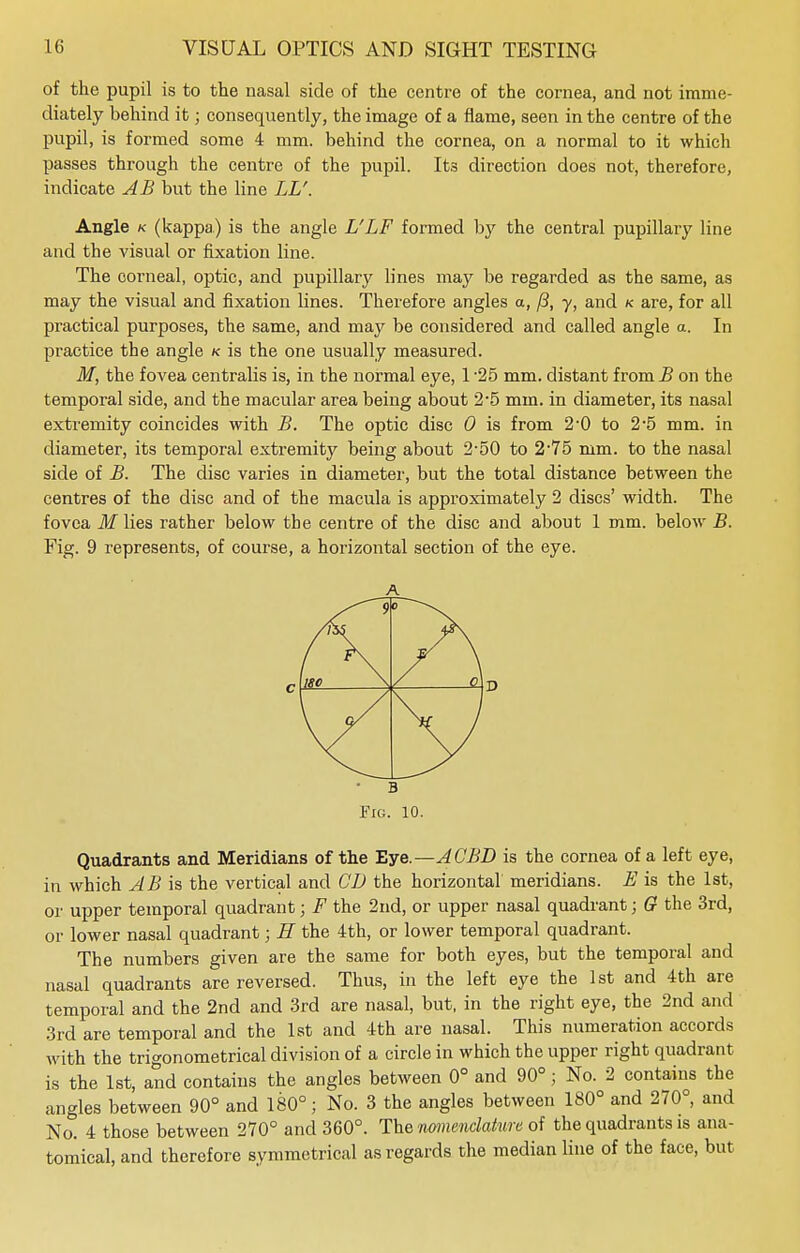 of the pupil is to the nasal side of the centre of the cornea, and not imme- diately behind it; consequently, the image of a flame, seen in the centre of the pupil, is formed some 4 mm. behind the cornea, on a normal to it which passes through the centre of the pupil. Its direction does not, therefore, indicate AB but the line LL'. Angle k (kappa.) is the angle L'LF formed by the central pupillary line and the visual or fixation line. The corneal, optic, and pupillary lines may be regarded as the same, as may the visual and fixation lines. Therefore angles a, (i, y, and k are, for all practical purposes, the same, and may be considered and called angle a. In practice the angle k is the one usually measured. M, the foArea centralis is, in the normal eye, 1-25 mm. distant from B on the temporal side, and the macular area being about 2-5 mm. in diameter, its nasal extremity coincides with B. The optic disc 0 is from 2-0 to 2*5 mm. in diameter, its temporal extremity being about 2-50 to 2*75 mm. to the nasal side of B. The disc varies in diameter, but the total distance between the centres of the disc and of the macula is approximately 2 discs' width. The fovea M lies rather below the centre of the disc and about 1 mm. below B. Fig. 9 represents, of course, a horizontal section of the eye. A Ass ISO \ B Fig. 10. Quadrants and Meridians of the Eye.—ACBD is the cornea of a left eye, in which AB is the vertical and CD the horizontal meridians. E is the 1st, or upper temporal quadrant; F the 2nd, or upper nasal quadrant j G the 3rd, or lower nasal quadrant; H the 4th, or lower temporal quadrant. The numbers given are the same for both eyes, but the temporal and nasal quadrants are reversed. Thus, in the left eye the 1st and 4th are temporal and the 2nd and 3rd are nasal, but, in the right eye, the 2nd and 3rd are temporal and the 1st and 4th are nasal. This numeration accords with the trigonometrical division of a circle in which the upper right quadrant is the 1st, and contains the angles between 0° and 90°; No. 2 contains the angles between 90° and 180°; No. 3 the angles between 180° and 270°, and No. 4 those between 270° and 360°. The nomenclature of the quadrants is ana- tomical, and therefore symmetrical as regards the median line of the face, but