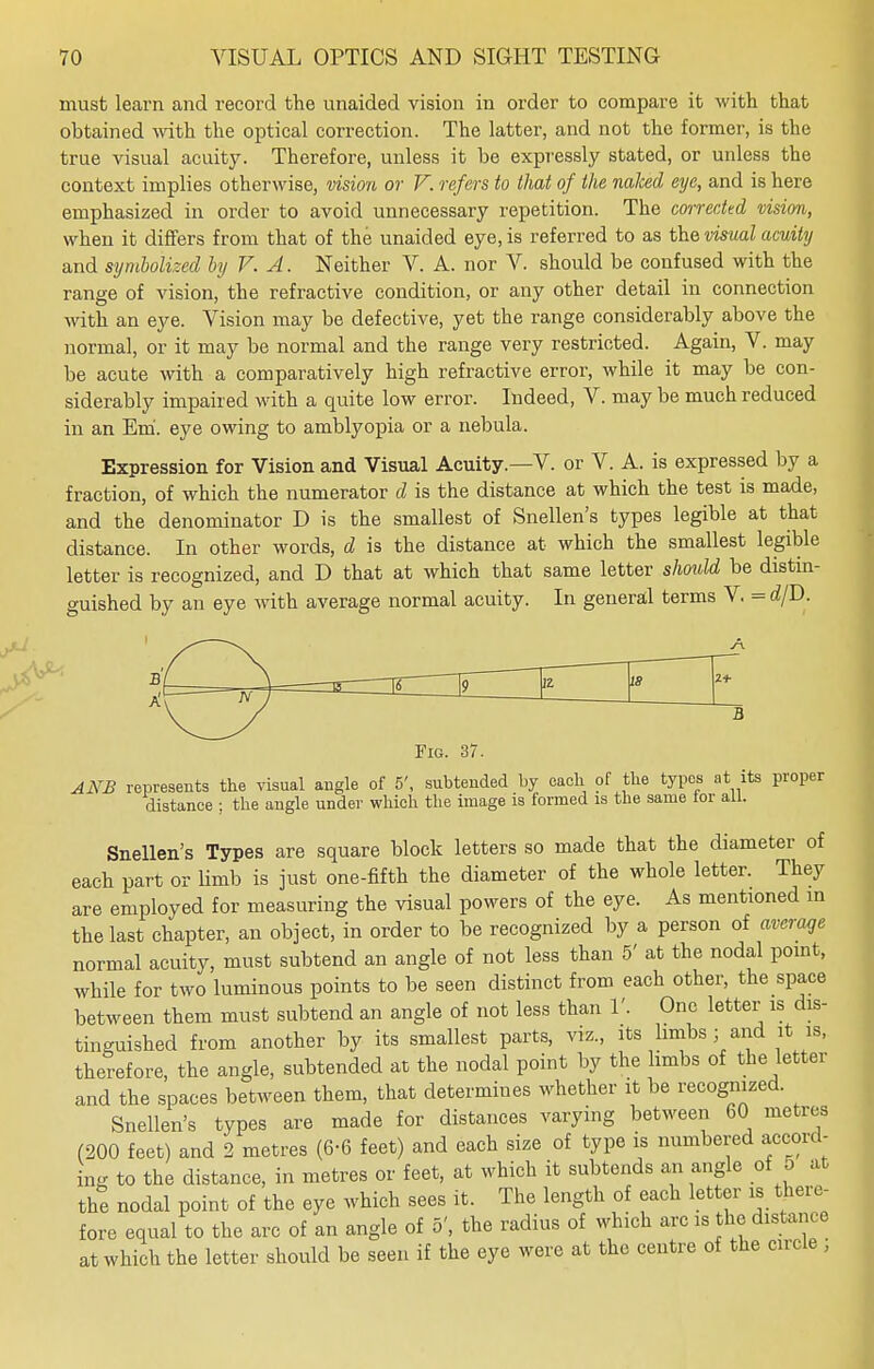 must learn and record the unaided vision in order to compare it with that obtained with the optical correction. The latter, and not the former, is the true visual acuity. Therefore, unless it be expressly stated, or unless the context implies otherwise, vision or V. refers to that of the naked eye, and is here emphasized in order to avoid unnecessary repetition. The corrected vision, when it differs from that of the unaided eye, is referred to as the visual acuity and symbolized by V. A. Neither V. A. nor V. should be confused with the range of vision, the refractive condition, or any other detail in connection with an eye. Vision may be defective, yet the range considerably above the normal, or it may be normal and the range very restricted. Again, V. may be acute with a comparatively high refractive error, while it may be con- siderably impaired with a quite low error. Indeed, V. may be much reduced in an Em. eye owing to amblyopia or a nebula. Expression for Vision and Visual Acuity.—V. or V. A. is expressed by a fraction, of which the numerator d is the distance at which the test is made, and the denominator D is the smallest of Snellen's types legible at that distance. In other words, d is the distance at which the smallest legible letter is recognized, and D that at which that same letter should be distin- guished by an eye with average normal acuity. In general terms V. = d/D. Fig. 37. ANB represents the visual angle of 5', subtended by each of the types at its proper distance ; the angle under which the image is formed is the same for all. Snellen's Types are square block letters so made that the diameter of each part or limb is just one-fifth the diameter of the whole letter. They are employed for measuring the visual powers of the eye. As mentioned in the last chapter, an object, in order to be recognized by a person of average normal acuity, must subtend an angle of not less than 5' at the nodal point, while for two luminous points to be seen distinct from each other, the space between them must subtend an angle of not less than 1'. One letter is dis- tinguished from another by its smallest parts, viz., its limbs ; and it is, therefore, the angle, subtended at the nodal point by the limbs of the letter and the spaces between them, that determines whether it be recognized. Snellen's types are made for distances varying between 60 metres (200 feet) and 2 metres (6-6 feet) and each size of type is numbered accord- ing to the distance, in metres or feet, at which it subtends an angle of o at the nodal point of the eye which sees it. The length of each letter is there- fore equal to the arc of an angle of 5', the radius of which arc is the distance at which the letter should be seen if the eye were at the centre of the circle,