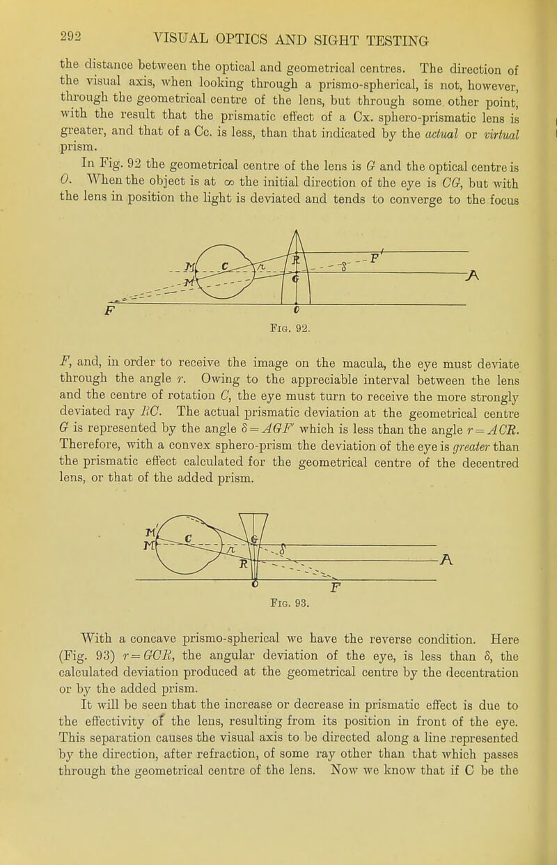 the distance between the optical and geometrical centres. The direction of the visual axis, when looking through a prismo-spherical, is not, however, through the geometrical centre of the lens, but through some other point| with the result that the prismatic effect of a Cx. sphero-prismatic lens is greater, and that of a Cc. is less, than that indicated by the actual or virtual prism. In Fig. 92 the geometrical centre of the lens is G and the optical centre is 0. When the object is at a> the initial direction of the eye is CG, but with the lens in position the light is deviated and tends to converge to the focus F c Fm. 92. F, and, in order to receive the image on the macula, the eye must deviate through the angle r. Owing to the appreciable interval between the lens and the centre of rotation C, the eye must turn to receive the more strongly deviated ray EG. The actual prismatic deviation at the geometrical centre G is represented by the angle 8 = AGF' which is less than the angle r = ACR. Therefore, with a convex sphero-prism the deviation of the eye is greater than the prismatic effect calculated for the geometrical centre of the decentred lens, or that of the added prism. With a concave prismo-spherical we have the reverse condition. Here (Fig. 93) r=GCB, the angular deviation of the eye, is less than 8, the calculated deviation produced at the geometrical centre by the decentration or by the added prism. It will be seen that the increase or decrease in prismatic effect is due to the effectivity of the lens, resulting from its position in front of the eye. This separation causes the visual axis to be directed along a line represented by the direction, after refraction, of some ray other than that which passes through the geometrical centre of the lens. Now we know that if C be the