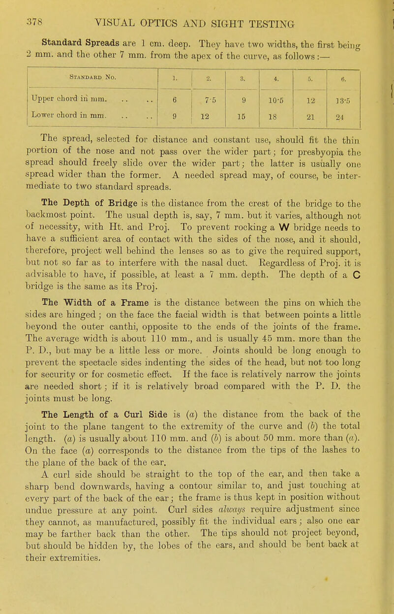 Standard Spreads are 1 cm. deep. They have two widths, the first being 2 mm. and the other 7 mm. from the apex of the curve, as follows:— Standard No. 1. 2, 3. 4. 6. Upper chord iii mm. 6 75 9 10-5 12 13-5 Lower chord in mm. 9 12 15 18 21 24 The spread, selected for distance and constant use, should fit the thin portion of the nose and not pass over the wider part; for presbyopia the spread should freely slide over the wider part; the latter is usually one spread wider than the former. A needed spread may, of course, be inter- mediate to two standard spreads. The Depth of Bridge is the distance from the crest of the bridge to the backmost point. The usual depth is, say, 7 mm. but it varies, although not of necessity, with Ht. and Proj. To prevent rocking a W bridge needs to have a sufficient area of contact with the sides of the nose, and it should, therefore, project well behind the lenses so as to give the required support, but not so far as to interfere with the nasal duct. Regardless of Proj. it is advisable to have, if possible, at least a 7 mm. depth. The depth of a C bridge is the same as its Proj. The Width of a Frame is the distance between the pins on which the sides are hinged ; on the face the facial width is that between points a little beyond the outer canthi, opposite to the ends of the joints of the frame. The average width is about 110 mm., and is usually 45 mm. more than the P. D., but may be a little less or more. Joints should be long enough to prevent the spectacle sides indenting the sides of the head, but not too long for security or for cosmetic effect. If the face is relatively narrow the joints are needed short; if it is relatively broad compared with the P. D. the joints must be long. The Length of a Curl Side is (a) the distance from the back of the joint to the plane tangent to the extremity of the curve and (i) the total length, (a) is usually about 110 mm. and (b) is about 50 mm. more than (a). On the face (a) corresponds to the distance from the tips of the lashes to the plane of the back of the ear. A curl side should be straight to the top of the ear, and then take a sharp bend downwards, having a contour similar to, and just touching at every part of the back of the ear; the frame is thus kept in position without undue pressure at any point. Curl sides always require adjustment since they cannot, as manufactured, possibly fit the individual ears; also one ear may be farther back than the other. The tips should not project beyond, but should be hidden by, the lobes of the cars, and should be bent back at their extremities.