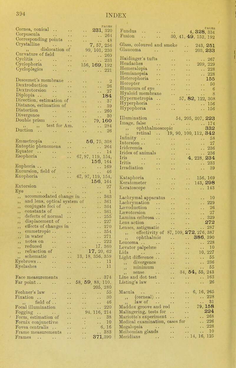 Cornea, conical Oorpuscula Corresponding points .. Crystalline „ dislocation of Curvature of field Cyclitis Cyelophoria Cycloplegics PAOEB .. 231, 320 .. 264 .. 48 7, 57, 256 99, 101, 230 -.260 .. 233 156, 169, 192 ..221 Descernet's membrane .. 2 Dextroduction .. 26 Dextrotorsion .. 27 Diplopia 184 Direction, estimation of .. 37 Distance, estimation of .. 39 Distortion .. 260 Divergence .. 30 Double prism 79, 160 ,. test for Am. .. 284 Duction .. 26 Emmetropia Entoptic phenomena 264 Equator 1 A Esophoria 67,' 97. 119, 154, 1 S fi 1 fid Euphoria Excursion, field of Exophoria 67, 97 119 154 IKfi lfii Extorsion .. 27 Eye 1 ,, accommodated change in . .. 363 ,, and lens, optical system ol .. 361 ,, conjugate foci of .. 364 ,, constants of .. 361 ,, defects of normal .. .. 255 ,, displacement of .. 227 ,, effects of changes in .. 270 emmetropic .. .. 354 ,, in water .. 271 ,, notes on .. 222 ,, reduced 17, 360 ,, refraction of 17, 20. 62 ,, schematic 13, 18. 356, 359 Eyebrows .. 11 Eyelashes .. 11 Face measurements .. 374 Far point 58, 59. 88, 110, 205, 280 Fechner's law .. 55 Fixation .. .. 30 ,, field of .. .. 46 Focal illumination .. 220 Fogging 94, 116, 214 Form, estimation of .. 38 Fornix conjunctiva; : ..10 Fovea centralis 6, 16 Frame measurements .. 383 Frames . 371,390 Fundus 4, 328^ 334 Fusion .. .. 30, 41 , 49, 152, 192 vxictao, i/Uiuuiuu aiiu sliluh.6 OAO OKI /4o, ssoi KJLiLUVjUllltii . , . . • i r\-> ooo ZUo, lioO Haidinger's tufts .. 267 Headaches onq 99Q Hemeralopia .. 228 Hemianopsia .. 228 Heterophoria 155 Horopter .. 50 Humours of eye 6 Hyaloid membrane 8 Hypermetropia .. 57 82 122 308 Hyperphoria .. 156 Hypophoria ..156 Illumination .. 54, 205, 207, 223 Image, false ..174 ,, ophthalmoscopic 332 ,, retinal .. 19, 90, 100, 112, 342 Infinity Intorsion .. Irideremia Irides of animals Iris Iritis Irradiation Kataphoria Keratometer Keratoscope Lachrymal apparatus Lachrymation La?voduction Lajvotorsion Lamina cribrosa .. Lens action Lenses, astigmatic ..58 .. 27 ..236 ..236 4, 228, 234 ..233 ..39 .. 156, 169 .. 143, 298 ..143 10 229 26 27 329 272 287 effectivity of 87, 109, 272, 276, 387 ophthalmic .. .. 386, 390 Leucoma Levator palpebra; Lids Light difference ., ,, divergence ,, minimum ,, sense Line and dot test Listing's law 10 34, 54, 55 228 10 227 55 236 55 243 163 26 Macula ,, (corneal) .. ,, law of Maddox groove and rod Malingering, tests for .. Marietta's experiment .. Medical examination, cases for Megalopsia Meibomian glands Meridians 6, 16, 265 .. 228 .. 31 79, 158 224 .. 268 .. 226 .. 228 .. 10 16, 125 14,
