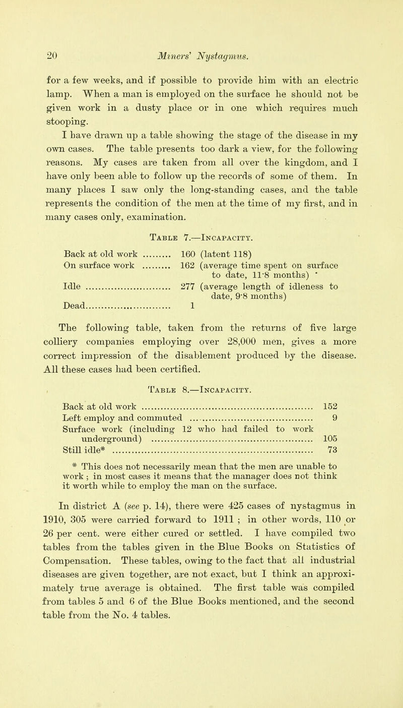 for a few weeks, and if possible to provide him with an electric lamp. When a man is employed on the surface he should not be given work in a dusty place or in one which requires much stooping. I have drawn up a table showing the stage of the disease in my own cases. The table presents too dark a view, for the following reasons. My cases are taken from all over the kingdom, and I have only been able to follow up the records of some of them. In many places I saw only the long-standing cases, and the table represents the condition of the men at the time of my first, and in many cases only, examination. Table 7.—Incapacity. Back at old work 160 (latent 118) On surface work 162 (average time spent on surface to date, 11 8 months) * Idle 277 (average length of idleness to date, 9*8 months) Dead 1 The following table, taken from the returns of five large colliery companies employing over 28,000 men, gives a more correct impression of the disablement produced by the disease. All these cases had been certified. Table 8.—Incapacity. Back at old work 152 Left employ and commuted 9 Surface work (including 12 who had failed to work underground) 105 Still idle* 73 * This does not necessarily mean that the men are unable to work ; in most cases it means that the manager does not think it worth while to employ the man on the surface. In district A (see p. 14), there were 425 cases of nystagmus in 1910, 305 were carried forward to 1911 ; in other words, 110 or 26 per cent, were either cured or settled. I have compiled two tables from the tables given in the Blue Books on Statistics of Compensation. These tables, owing to the fact that all industrial diseases are given together, are not exact, but I think an approxi- mately true average is obtained. The first table was compiled from tables 5 and 6 of the Blue Books mentioned, and the second table from the No. 4 tables.