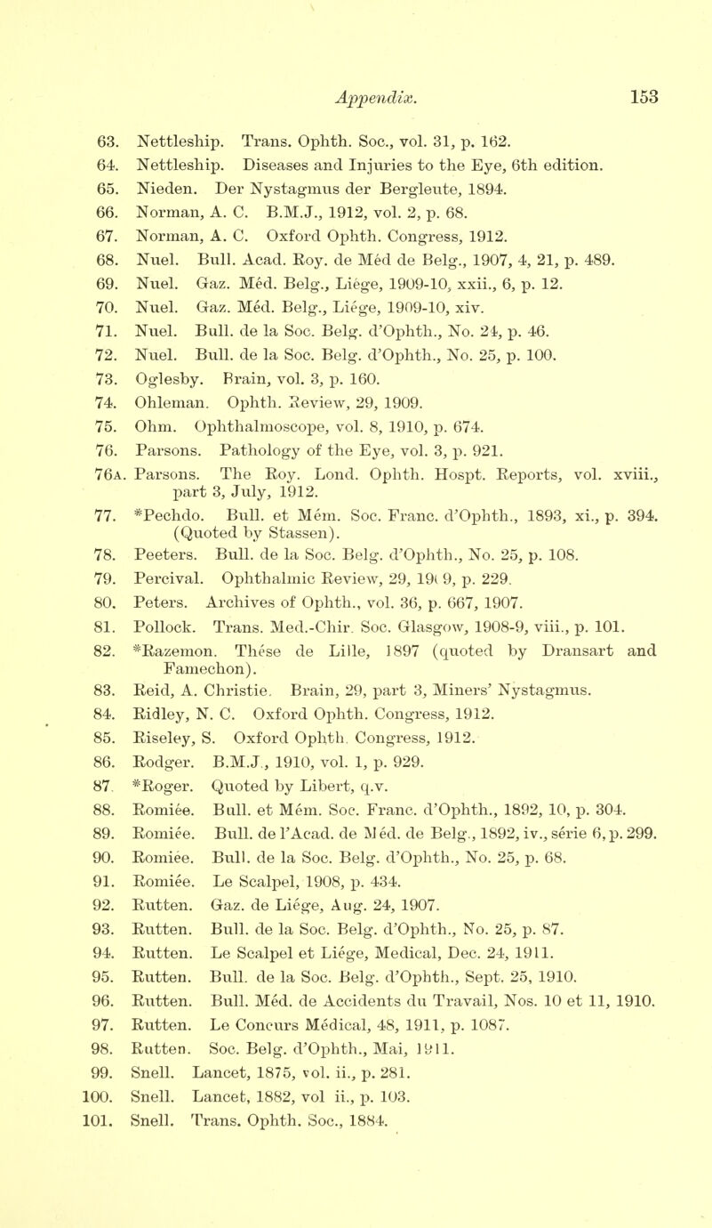63. Nettleship. Trans. Ophth. Soc, vol. 31, p. 162. 64. Nettleship. Diseases and Injuries to the Eye, 6th edition. 65. Nieden. Der Nystagmus der Bergleute, 1894. 66. Norman, A. C. B.M.J., 1912, vol. 2, p. 68. 67. Norman, A. C. Oxford Ophth. Congress, 1912. 68. Nuel. Bull. Acad. Roy. de Med de Belg., 1907, 4, 21, p. 489. 69. Nuel. Gaz. Med. Belg., Liege, 1909-10, xxii., 6, p. 12. 70. Nuel. Gaz. Med. Belg., Liege, 1909-10, xiv. 71. Nuel. Bull, de la Soc. Belg. d'Ophth., No. 2i, p. 46. 72. Nuel. Bull, de la Soc. Belg. d'Ophth., No. 25, p. 100. 73. Oglesby. Brain, vol. 3, p. 160. 74. Ohleman. Ophth. Review, 29, 1909. 75. Ohm. Ophthalmoscope, vol. 8, 1910, p. 674. 76. Parsons. Pathology of the Eye, vol. 3, p. 921. 76a. Parsons. The Boy. Lond. Ophth. Hospt. Reports, vol. xviii., part 3, July, 1912. 77. *Pechdo. Bull, et Mem. Soc. Franc. d'Ophth., 1893, xi., p. 394. (Quoted by Stassen). 78. Peeters. Bull, de la Soc. Belg. d'Ophth., No. 25, p. 108. 79. Percival. Ophthalmic Review, 29, 19l 9, p. 229. 80. Peters. Archives of Ophth., vol. 36, p. 667, 1907. 81. Pollock. Trans. Med.-Chir. Soc. Glasgow, 1908-9, viii., p. 101. 82. *Razemon. These de Lille, 1897 (quoted by Dransart and Famechon). 83. Reid, A. Christie. Brain, 29, part 3, Miners' Nystagmus. 84. Ridley, N. C. Oxford Ophth. Congress, 1912. 85. Riseley, S. Oxford Ophth. Congress, 1912. 86. Rodger. B.M.J., 1910, vol. 1, p. 929. 87. #Roger. Quoted by Libert, q.v. 88. Romiee. Bull, et Mem. Soc. Franc. d'Ophth., 1892, 10, p. 304. 89. Romiee. Bull, de FAcad. de jVI ed. de Belg., 1892, iv., serie 6, p. 299. 90. Romiee. Bull, de la Soc. Belg. d'Ophth., No. 25, p. 68. 91. Romiee. Le Scalpel, 1908, p. 434. 92. Rutten. Gaz. de Liege, Aug. 24, 1907. 93. Rutten. Bull, de la Soc. Belg. d'Ophth., No. 25, p. 87. 94. Rutten. Le Scalpel et Liege, Medical, Dec. 24, 1911. 95. Rutten. Bull, de la Soc. Belg. d'Ophth., Sept. 25, 1910. 96. Rutten. Bull. Med. de Accidents du Travail, Nos. 10 et 11, 1910. 97. Rutten. Le Concurs Medical, 48, 1911, p. 1087. 98. Rutten. Soc. Belg. d'Ophth., Mai, 1911. 99. Snell. Lancet, 1875, vol. ii., p. 281. 100. Snell. Lancet, 1882, vol ii., p. 103. 101. Snell. Trans. Ophth. Soc, 1884.