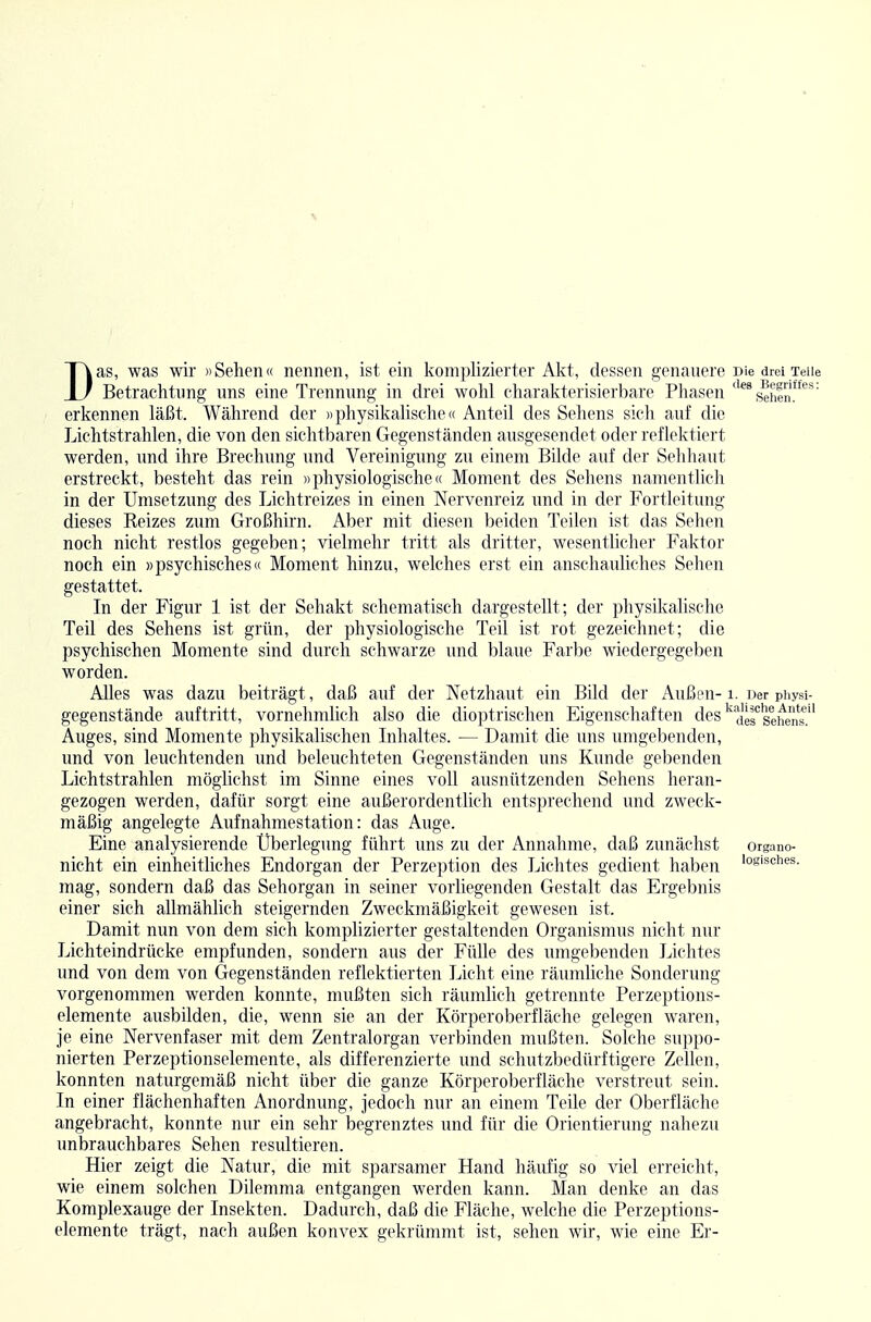 Das, was wir »Sehen« nennen, ist ein komplizierter Akt, dessen genauere Die drei Teile erkennen läßt. Während der »physikalische« Anteil des Sehens sich auf die Lichtstrahlen, die von den sichtbaren Gegenständen ausgesendet oder reflektiert werden, und ihre Brechung und Vereinigung zu einem Bilde auf der Sehhaut erstreckt, besteht das rein »physiologische (( Moment des Sehens namentlich in der Umsetzung des Lichtreizes in einen Nervenreiz und in der Fortleitung dieses Reizes zum Großhirn. Aber mit diesen beiden Teilen ist das Sehen noch nicht restlos gegeben; vielmehr tritt als dritter, wesentlicher Faktor noch ein »psychisches« Moment hinzu, welches erst ein anschauliches Sehen gestattet. In der Figur 1 ist der Sehakt schematisch dargestellt; der physikalische Teil des Sehens ist grün, der physiologische Teil ist rot gezeichnet; die psychischen Momente sind durch schwarze und blaue Farbe wiedergegeben worden. Alles was dazu beiträgt, daß auf der Netzhaut ein Bild der Außen-1. r»er physi- gegenstände auftritt, vornehmlich also die dioptrischen Eigenschaften des'^'JJef gehend'' Auges, sind Momente physikalischen Inhaltes. — Damit die uns umgebenden, und von leuchtenden und beleuchteten Gegenständen uns Kunde gebenden Lichtstrahlen möglichst im Sinne eines voll ausnützenden Sehens heran- gezogen werden, dafür sorgt eine außerordentlich entsprechend und zweck- mäßig angelegte Aufnahmestation: das Auge. Eine analysierende Überlegung führt uns zu der Annahme, daß zunächst organo- nicht ein einheitliches Endorgan der Perzeption des Lichtes gedient haben 'og'sdies. mag, sondern daß das Sehorgan in seiner vorliegenden Gestalt das Ergebnis einer sich allmählich steigernden Zweckmäßigkeit gewesen ist. Damit nun von dem sich komplizierter gestaltenden Organismus nicht nur Lichteindrücke empfunden, sondern aus der Fülle des umgebenden Lichtes und von dem von Gegenständen reflektierten Licht eine räumliche Sonderung vorgenommen werden konnte, mußten sich räumlich getrennte Perzeptions- elemente ausbilden, die, wenn sie an der Körperoberfläche gelegen waren, je eine Nervenfaser mit dem Zentralorgan verbinden mußten. Solche suppo- nierten Perzeptionselemente, als differenzierte und schutzbedürftigere Zellen, konnten naturgemäß nicht über die ganze Körperoberfläche verstreut sein. In einer flächenhaften Anordnung, jedoch nur an einem Teile der Oberfläche angebracht, konnte nur ein sehr begrenztes und für die Orientierung nahezu unbrauchbares Sehen resultieren. Hier zeigt die Natur, die mit sparsamer Hand häufig so viel erreicht, wie einem solchen Dilemma entgangen werden kann. Man denke an das Koraplexauge der Insekten. Dadurch, daß die Fläche, welche die Perzeptions- elemente trägt, nach außen konvex gekrümmt ist, sehen wir, wie eine Er-