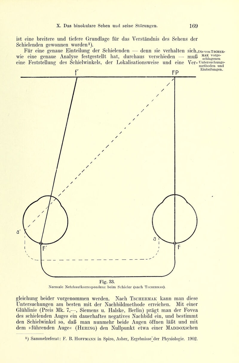 ist eine breitere und tiefere Grundlage für das Verständnis des Sehens der Schielenden gewonnen wordeni). Für eine genaue Einteilung der Schielenden — denn sie verhalten sich,Die von tscher- wie eine genaue Analyse festgestellt hat, durchaus verschieden — muß scWasenln eine Feststellung des Schielwinkels, der Lokalisationsweise und eine Ver-untersuciiungs- methoden und Einteilungen. Fig. 33. Normale Netzhautkorrespondenz beim Schicler (nach Tscheemak). gleichung beider vorgenommen werden. Nach Tschermak kann man diese Untersuchungen am besten mit der Nachbildmethode erreichen. Mit einer Glühhnie (Preis Mk. 7,—, Siemens u. Halske, Berhn) prägt man der Fovea des schielenden Auges ein dauerhaftes negatives Nachbild ein, und bestimmt den Schielwinkel so, daß man nunmehr beide Augen öffnen läßt und mit dem »führenden Auge« (Hering) den Nullpunkt etwa einer MADDOxschen 1) Sammelreferat: F. B. Hoffmann in Spiro, Asher, Ergebnisse^der Physiologie. 1902.