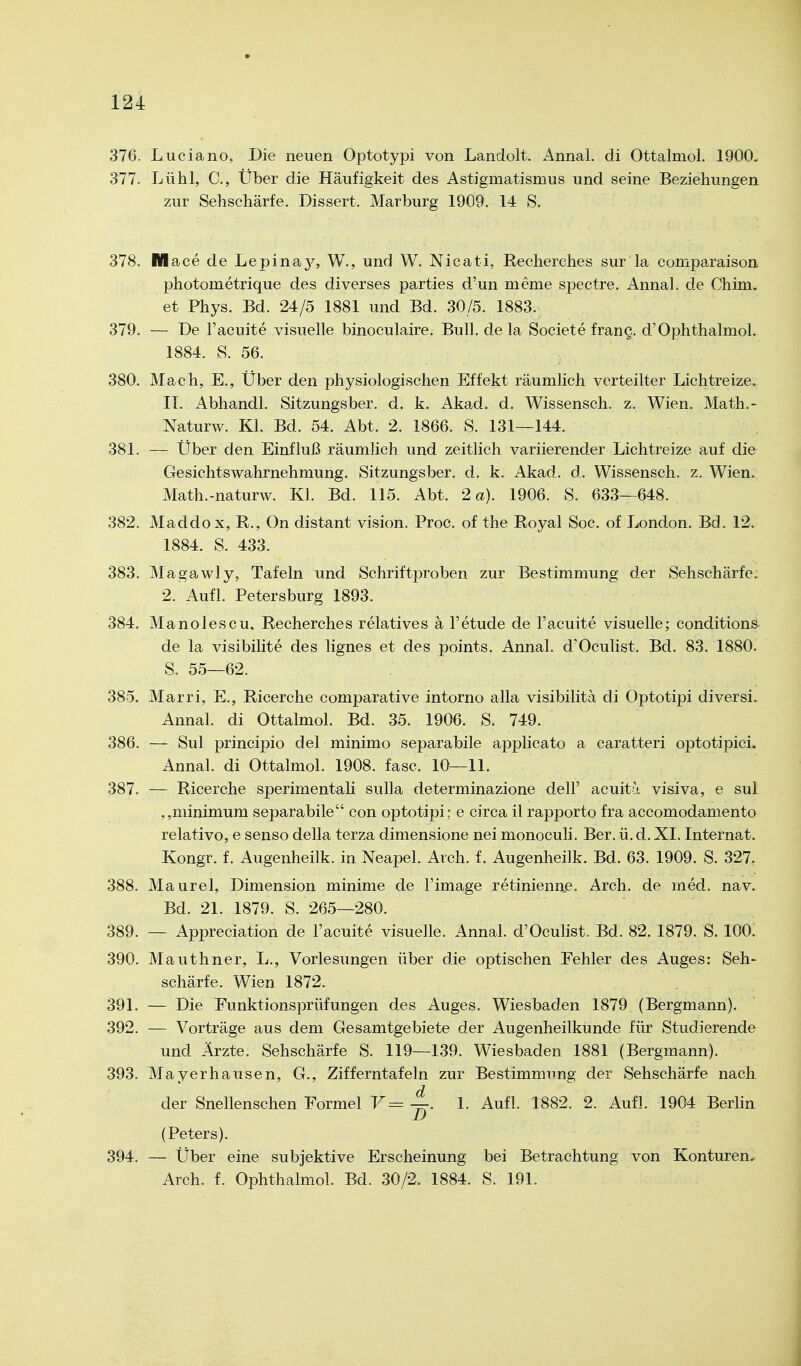 376. Luciano, Die neuen Optotypi von Landolt. x^nnal. di Ottalmol. 1900, 377. Lühl, C, Über die Häufigkeit des Astigmatismus und seine Beziehungen zur Sehschärfe. Dissert. Marburg 1909. 14 S. 378. IVIace de Lepinaj^-, W., und W. Nicati, Recherches sur la comparaison photometrique des diverses parties d'un meme spectre. Annal. de Chim. et Phys. Bd. 24/5 1881 und Bd. 30/5. 1883. 379. — De l'acuite visuelle binoculaire. Bull, de la Societe franQ. d'Ophthalmol. 1884. 8. 56. 380. Mach, E., Über den physiologischen Effekt räumlich verteilter Lichtreize. II. Abhandl. Sitzungsber. d. k. Akad. d. Wissensch, z. Wien. Math.- Naturw. Kl. Bd. 54. Abt. 2. 1866. S. 131—144. 381. — Über den Einfluß räumlich und zeitlich variierender Lichtreize auf die Gesichtswahrnehmung. Sitzungsber. d. k. Akad. d. Wissensch, z. Wien. Math.-naturw. Kl. Bd. 115. Abt. 2 a). 1906. S. 633—648. 382. Maddox, R., On distant vision. Proc. of the Royal Soc. of London. Bd. 12. 1884. S. 433. 383. Magawly, Tafeln und Schriftproben zur Bestimmung der Sehschärfe; 2. Aufl. Petersburg 1893. 384. Manolescu, Recherches relatives ä l'etude de l'acuite visuelle; conditions de la visibilite des lignes et des points. Annal. d'Oculist. Bd. 83. 1880. S. 55—62. 385. Marri, E., Ricerche comparative intorno alla visibilita di Optotipi diversi. Annal. di Ottalmol. Bd. 35. 1906. S. 749. 386. — Sul principio del minimo separabile applicato a caratteri optotipici» Annal. di Ottalmol. 1908. fasc. 10—11. 387. — Ricerche sperimentali sulla determinazione dell' acuita visiva, e sul ,,niinimum separabile con optotipi: e circa il rapporto fra accomodamento relativo, e senso della terza dimensione nei monoculi. Ber. ü.d. XI. Internat. Kongr. f. Augenheilk. in Neapel. Arch. f. Augenheilk. Bd. 63. 1909. S. 327, 388. Maurel, Dimension minime de l'image retinienne. Arch. de med. nav. Bd. 21. 1879. S. 265—280. 389. — Appreciation de l'acuite visuelle. Annal. d'Oculist. Bd. 82. 1879. S. 100. 390. Mauthner, L., Vorlesungen über die optischen Fehler des Auges: Seh- schärfe. Wien 1872. 391. — Die Funktionsprüfungen des Auges. Wiesbaden 1879 (Bergmann). 392. — Vorträge aus dem Gesamtgebiete der Augenheilkunde für Studierende und Ärzte. Sehschärfe S. 119—139. Wiesbaden 1881 (Bergmann). 393. Mayerhausen, G., Zifferntafeln zur Bestimmung der Sehschärfe nach der Snellenschen Formel F= 1. Aufl. 1882. 2. Aufl. 1904 Berlin (Peters). 394. — Über eine subjektive Erscheinung bei Betrachtung von Konturen.. Arch. f. Ophthalmol. Bd. 30/2. 1884. S. 191.