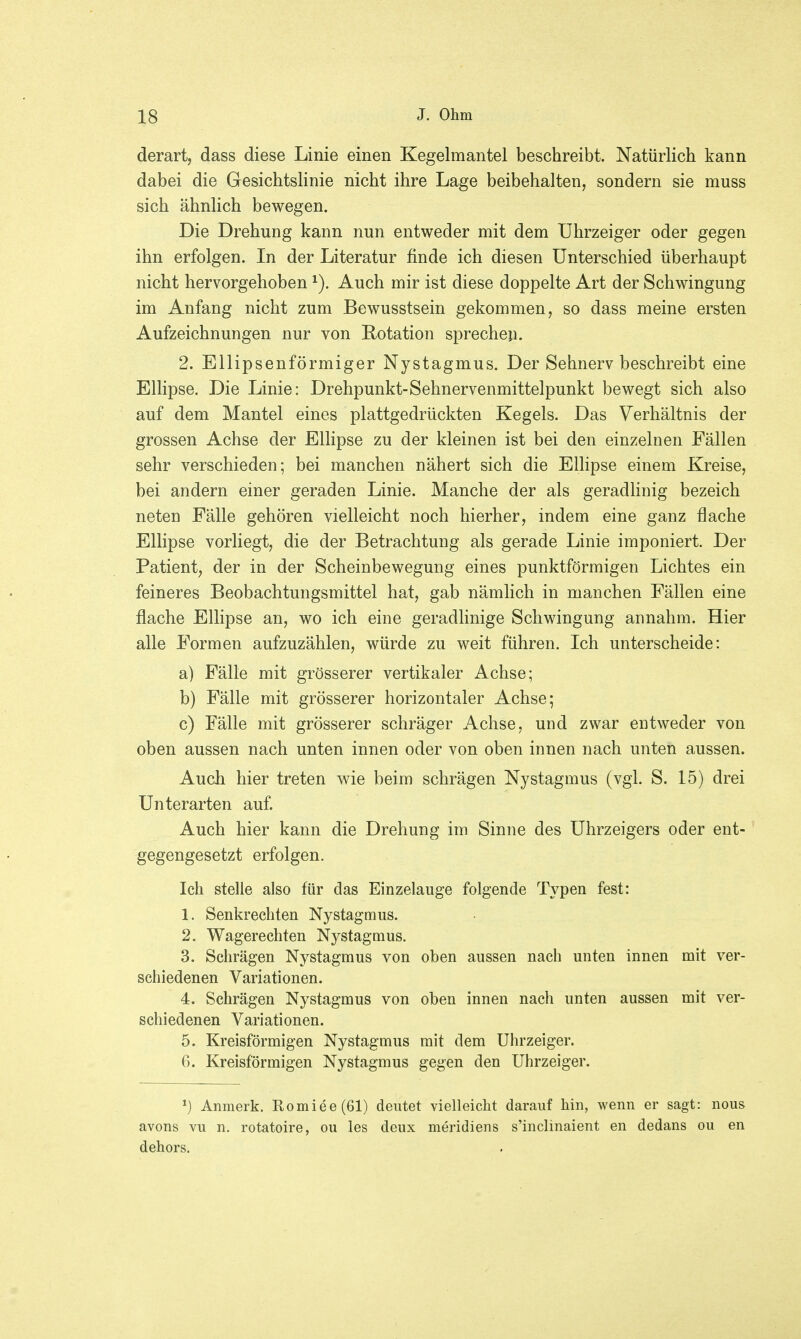derart, dass diese Linie einen Kegelmantel beschreibt. Natürlich kann dabei die Gesichtslinie nicht ihre Lage beibehalten, sondern sie muss sich ähnlich bewegen. Die Drehung kann nun entweder mit dem Uhrzeiger oder gegen ihn erfolgen. In der Literatur finde ich diesen Unterschied überhaupt nicht hervorgehoben 1). Auch mir ist diese doppelte Art der Schwingung im Anfang nicht zum Bewusstsein gekommen, so dass meine ersten Aufzeichnungen nur von Rotation sprechen. 2. Ellipsenförmiger Nystagmus. Der Sehnerv beschreibt eine Ellipse. Die Linie: Drehpunkt-Sehnervenmittelpunkt bewegt sich also auf dem Mantel eines plattgedrückten Kegels. Das Verhältnis der grossen Achse der Ellipse zu der kleinen ist bei den einzelnen Fällen sehr verschieden; bei manchen nähert sich die Ellipse einem Kreise, bei andern einer geraden Linie. Manche der als geradlinig bezeich neten Fälle gehören vielleicht noch hierher, indem eine ganz flache Ellipse vorliegt, die der Betrachtung als gerade Linie imponiert. Der Patient, der in der Scheinbewegung eines punktförmigen Lichtes ein feineres Beobachtungsmittel hat, gab nämlich in manchen Fällen eine flache Ellipse an, wo ich eine geradlinige Schwingung annahm. Hier alle Formen aufzuzählen, würde zu weit führen. Ich unterscheide: a) Fälle mit grösserer vertikaler Achse; b) Fälle mit grösserer horizontaler Achse; c) Fälle mit grösserer schräger Achse, und zwar entweder von oben aussen nach unten innen oder von oben innen nach unten aussen. Auch hier treten wie beim schrägen Nystagmus (vgl. S. 15) drei Unterarten auf. Auch hier kann die Drehung im Sinne des Uhrzeigers oder ent- gegengesetzt erfolgen. Ich stelle also für das Einzelauge folgende Typen fest: 1. Senkrechten Nystagmus. 2. Wagerechten Nystagmus. 3. Schrägen Nystagmus von oben aussen nach unten innen mit ver- schiedenen Variationen. 4. Schrägen Nystagmus von oben innen nach unten aussen mit ver- schiedenen Variationen. 5. Kreisförmigen Nystagmus mit dem Uhrzeiger. 6. Kreisförmigen Nystagmus gegen den Uhrzeiger. *) Anmerk. Komiee (61) deutet vielleicht darauf hin, wenn er sagt: nous avons vu n. rotatoire, ou les deux meridiens s'inclinaient en dedans ou en dehors.