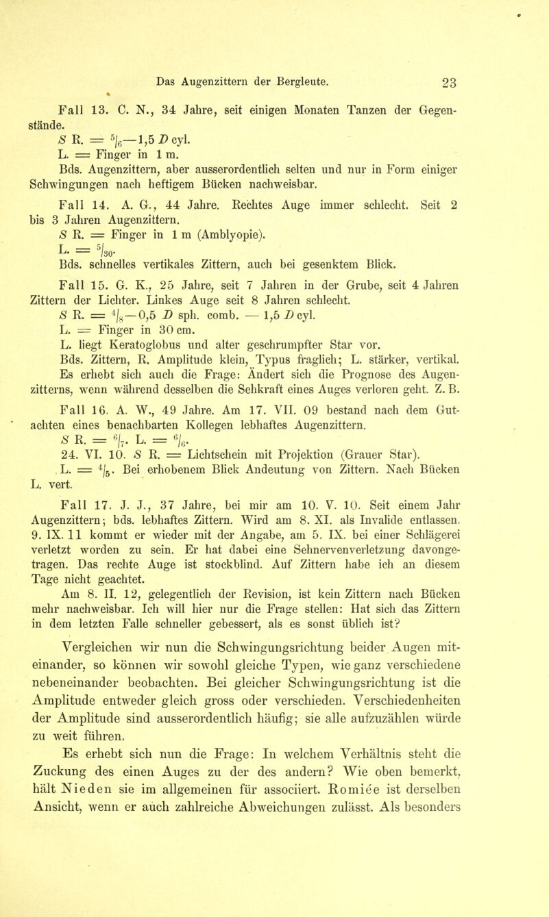 Fall 13. C. N., 34 Jahre, seit einigen Monaten Tanzen der Gegen- stände. SR. = V-l,5 2>cyl. L. = Finger in 1 m. Bds. Augenzittern, aber ausserordentlich selten und nur in Form einiger Schwingungen nach heftigem Bücken nachweisbar. Fall 14. A. G., 44 Jahre. Rechtes Auge immer schlecht. Seit 2 bis 3 Jahren Augenzittern. S R. = Finger in 1 m (Amblyopie). Bds. schnelles vertikales Zittern, auch bei gesenktem Blick. Fall 15. G. K., 25 Jahre, seit 7 Jahren in der Grube, seit 4 Jahren Zittern der Lichter. Linkes Auge seit 8 Jahren schlecht. S R. = 4/8—0,5 D sph. comb. — 1,5 D cyl. L. — Finger in 30 cm. L. liegt Keratoglobus und alter geschrumpfter Star vor. Bds. Zittern, R. Amplitude klein, Typus fraglich; L. stärker, vertikal. Es erhebt sich auch die Frage: Ändert sich die Prognose des Augen- zitterns, wenn während desselben die Sehkraft eines Auges verloren geht. Z. B. Fall 16. A. W., 49 Jahre. Am 17. VII. 09 bestand nach dem Gut- achten eines benachbarten Kollegen lebhaftes Augenzittern. S R. = %. L. = % 24. VI. 10. 8 R. = Lichtschein mit Projektion (Grauer Star). L. = 4j5. Bei erhobenem Blick Andeutung von Zittern. Nach Bücken L. vert. Fall 17. J. J., 37 Jahre, bei mir am 10. V. 10. Seit einem Jahr Augenzittern; bds. lebhaftes Zittern. Wird am 8. XI. als Invalide entlassen. 9. IX. 11 kommt er wieder mit der Angabe, am 5. IX. bei einer Schlägerei verletzt worden zu sein. Er hat dabei eine Sehnervenverletzung davonge- tragen. Das rechte Auge ist stockblind. Auf Zittern habe ich an diesem Tage nicht geachtet. Am 8. II. 12, gelegentlich der Revision, ist kein Zittern nach Bücken mehr nachweisbar. Ich will hier nur die Frage stellen: Hat sich das Zittern in dem letzten Falle schneller gebessert, als es sonst üblich ist? Vergleichen wir nun die Schwingungsrichtung beider Augen mit- einander, so können wir sowohl gleiche Typen, wie ganz verschiedene nebeneinander beobachten. Bei gleicher Schwingungsrichtung ist die Amplitude entweder gleich gross oder verschieden. Verschiedenheiten der Amplitude sind ausserordentlich häufig; sie alle aufzuzählen würde zu weit führen, Es erhebt sich nun die Frage: In welchem Verhältnis steht die Zuckung des einen Auges zu der des andern? Wie oben bemerkt, hält Nie den sie im allgemeinen für associiert. Romiee ist derselben Ansicht, wenn er auch zahlreiche Abweichungen zulässt. Als besonders