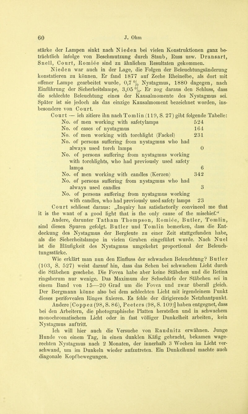 stärke der Lampen sinkt nach Nieden bei vielen Konstruktionen ganz be- trächtlich infolge von Beschmutzung durch Staub, Russ usw. Dransart, Snell, Court, Romiee sind zu ähnlichen Resultaten gekommen. Nieden war auch in der Lage, die Folgen der Beleuchtungsänderung konstatieren zu können. Er fand 1877 auf Zeche Rheinelbe, als dort mit offener Lampe gearbeitet wurde, 0,7 °|0 Nystagmus, 1880 dagegen, nach Einführung der Sicherheitslampe, 3,05 °/0. Er zog daraus den Schluss, dass die schlechte Beleuchtung eines der Kausalmomente des Nystagmus sei. Später ist sie jedoch als das einzige Kausalmoment bezeichnet worden, ins- besondere von Court. Court — ich zitiere ihn nach Tomlin (119, S. 27) gibt folgende Tabelle: No. of men working with safetylamps 524 No. of cases of nystagmus 164 No. of men working with torchlight (Fackel) 231 No. of persons sutfering from nystagmus who had always used torch lamps 0 No. of persons sutfering from nystagmus working with torchlights, who had previously used safety lamps 6 No. of men working with candles (Kerzen) 342 No. of persons suffering from nystagmus who had always used candles 3 No. of persons suffering from nystagmus working with candles, who had previously used safety lamps 23 Court schliesst daraus: „Inquiry has satisfactorily convinced me that it is the want of a good light that is the only cause of the mischief. Andere, darunter Tatham Thompson, Romiee, Butler, Tomlin, sind diesen Spuren gefolgt. Butler und Tomlin bemerken, dass die Ent- deckung des Nystagmus der Bergleute zu einer Zeit stattgefunden habe, als die Sicherheitslampe in vielen Gruben eingeführt wurde. Nach Nuel ist die Häufigkeit des Nystagmus umgekehrt proportional der Beleuch- tungsstärke. Wie erklärt man nun den Einfluss der schwachen Beleuchtung? Butler (103, S. 527) weist darauf hin, dass das Sehen bei schwachem Licht durch die Stäbchen geschehe. Die Fovea habe aber keine Stäbchen und die Retina ringsherum nur wenige. Das Maximum der Sehschärfe der Stäbchen sei in einem Band von 15—20 Grad um die Fovea und zwar überall gleich. Der Bergmann könne also bei dem schlechten Licht mit irgendeinem Punkt dieses perifovealen Ringes fixieren. Es fehle der dirigierende Netzhautpunkt. Andere [Coppez (98, S. 86), Peeters (98, S. 109)] haben entgegnet, dass bei den Arbeitern, die photographische Platten herstellen und in schwachem monochromatischem Licht oder in fast völliger Dunkelheit arbeiten, kein Nystagmus auftritt. Ich will hier auch die Versuche von Raudnitz erwähnen. Junge Hunde von einem Tag, in einen dunklen Käfig gebracht, bekamen wage- rechten Nystagmus nach 2 Monaten, der innerhalb 3 Wochen im Licht ver- schwand, um im Dunkeln wieder aufzutreten. Ein Dunkelhund machte auch diagonale Kopfbewegungen.