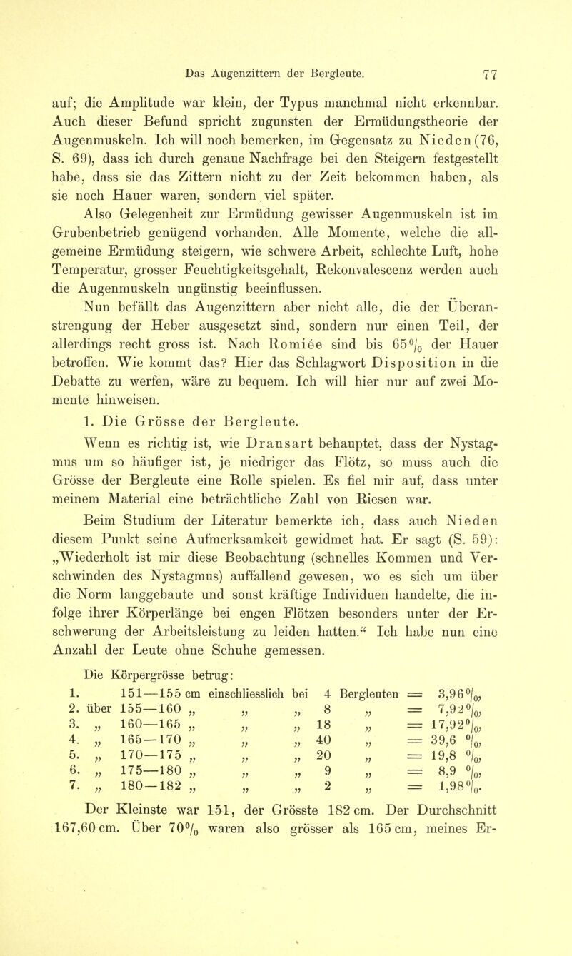 auf; die Amplitude war klein, der Typus manchmal nicht erkennbar. Auch dieser Befund spricht zugunsten der Ermüdungstheorie der Augenmuskeln. Ich will noch bemerken, im Gegensatz zu Nieden(76, S. 69), dass ich durch genaue Nachfrage bei den Steigern festgestellt habe, dass sie das Zittern nicht zu der Zeit bekommen haben, als sie noch Hauer waren, sondern , viel später. Also Gelegenheit zur Ermüdung gewisser Augenmuskeln ist im Grubenbetrieb genügend vorhanden. Alle Momente, welche die all- gemeine Ermüdung steigern, wie schwere Arbeit, schlechte Luft, hohe Temperatur, grosser Feuchtigkeitsgehalt, Rekonvalescenz werden auch die Augenmuskeln ungünstig beeinflussen. Nun befällt das Augenzittern aber nicht alle, die der Überan- strengung der Heber ausgesetzt sind, sondern nur einen Teil, der allerdings recht gross ist. Nach Romiee sind bis 65°/0 der Hauer betroffen. Wie kommt das? Hier das Schlagwort Disposition in die Debatte zu werfen, wäre zu bequem. Ich will hier nur auf zwei Mo- mente hinweisen. 1. Die Grösse der Bergleute. Wenn es richtig ist, wie Dransart behauptet, dass der Nystag- mus um so häufiger ist, je niedriger das Flötz, so muss auch die Grösse der Bergleute eine Rolle spielen. Es fiel mir auf, dass unter meinem Material eine beträchtliche Zahl von Riesen war. Beim Studium der Literatur bemerkte ich, dass auch Nie den diesem Punkt seine Aufmerksamkeit gewidmet hat. Er sagt (S. 59): „Wiederholt ist mir diese Beobachtung (schnelles Kommen und Ver- schwinden des Nystagmus) auffallend gewesen, wo es sich um über die Norm langgebaute und sonst kräftige Individuen handelte, die in- folge ihrer Körperlänge bei engen Flötzen besonders unter der Er- schwerung der Arbeitsleistung zu leiden hatten. Ich habe nun eine Anzahl der Leute ohne Schuhe gemessen. Die Körpergrösse betrug: 1. 151—155 cm einschliesslich bei 4 Bergleuten = 3,96% 2. über 155—160 „ n ii 8 ii === 3. V 160—165 „ 11 ii 18 ii === 17,92%, i n 165—170 „ 11 ii 40 ii == 39,6 % 5. n 170—175 „ 11 ii 20 ii == 19,8 o/o, 6. 7? 175—180 „ 11 ii 9 ii == 8,9 °/0, 7. 7; 180 — 182 „ 11 ii 2 ii z=== 1,98% Der Kleinste war 151, der Grösste 182 cm. Der Durchschnitt 167,60 cm. Über 70% waren also grösser als 165 cm, meines Er-
