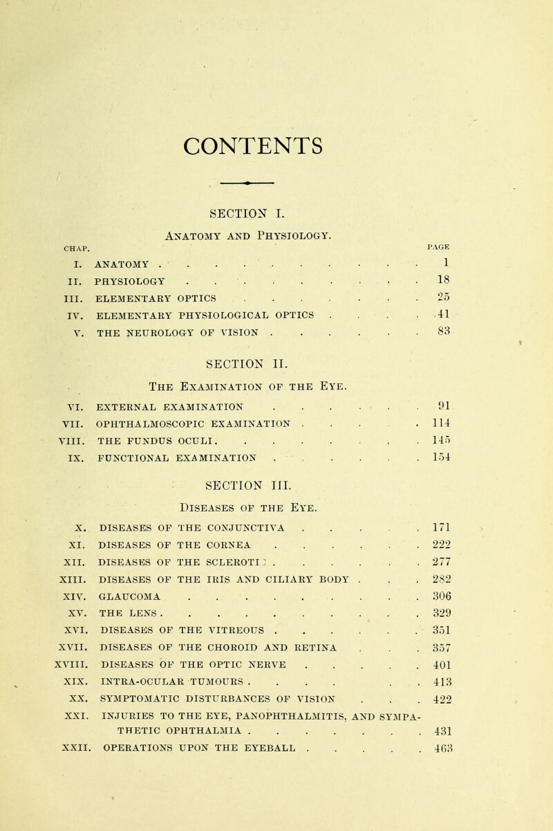 CONTENTS SECTION I. Anatomy and Physiology, chap. page |i ANATOMY ' • 1 II. PHYSIOLOGY 18 III. ELEMENTARY OPTICS 25 IV. ELEMENTARY PHYSIOLOGICAL OPTICS 41 V. THE NEUROLOGY OF VISION 83 SECTION II. The Examination of the Eye. vi. external examination VII. ophthalmoscopic examination . VIII. THE FUNDUS OCULI IX. FUNCTIONAL EXAMINATION SECTION III. Diseases of the Eye. X. DISEASES OF THE CONJUNCTIVA 171 XI. DISEASES OF THE CORNEA . . . . . . 222 XII. DISEASES OF THE SCLEROTIZ 277 XIII. DISEASES OF THE IRIS AND CILIARY BODY . . . 282 XIV. GLAUCOMA . 306 XV. THE LENS . . . . 329 XVI. DISEASES OF THE VITREOUS ...... 351 XVII. DISEASES OF THE CHOROID AND RETINA . . . 357 XVIII. DISEASES OF THE OPTIC NERVE 401 XIX. INTRA-OCULAR TUMOURS . . . . . .413 XX. SYMPTOMATIC DISTURBANCES OF VISION . . . 422 XXI. INJURIES TO THE EYE, PANOPHTHALMITIS, AND SYMPA- THETIC OPHTHALMIA 431 XXII. OPERATIONS UPON THE EYEBALL 463 91 114 145 154
