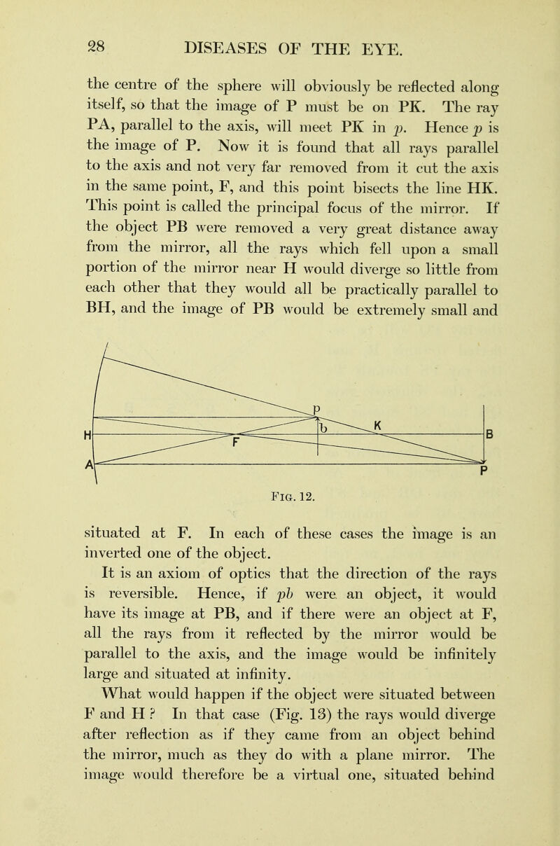 the centre of the sphere will obviously be reflected along itself, so that the image of P must be on PK. The ray PA, parallel to the axis, will meet PK in p. Hence p is the image of P. Now it is found that all rays parallel to the axis and not very far removed from it cut the axis in the same point, F, and this point bisects the line HK. This point is called the principal focus of the mirror. If the object PB were removed a very great distance away from the mirror, all the rays which fell upon a small portion of the mirror near H would diverge so little from each other that they would all be practically parallel to BH, and the image of PB would be extremely small and H _p ^— F — r P Fig. 12. situated at F. In each of these cases the image is an inverted one of the object. It is an axiom of optics that the direction of the rays is reversible. Hence, if pb were, an object, it would have its image at PB, and if there were an object at F, all the rays from it reflected by the mirror would be parallel to the axis, and the image would be infinitely large and situated at infinity. What would happen if the object were situated between F and H ? In that case (Fig. 13) the rays would diverge after reflection as if they came from an object behind the mirror, much as they do with a plane mirror. The image would therefore be a virtual one, situated behind