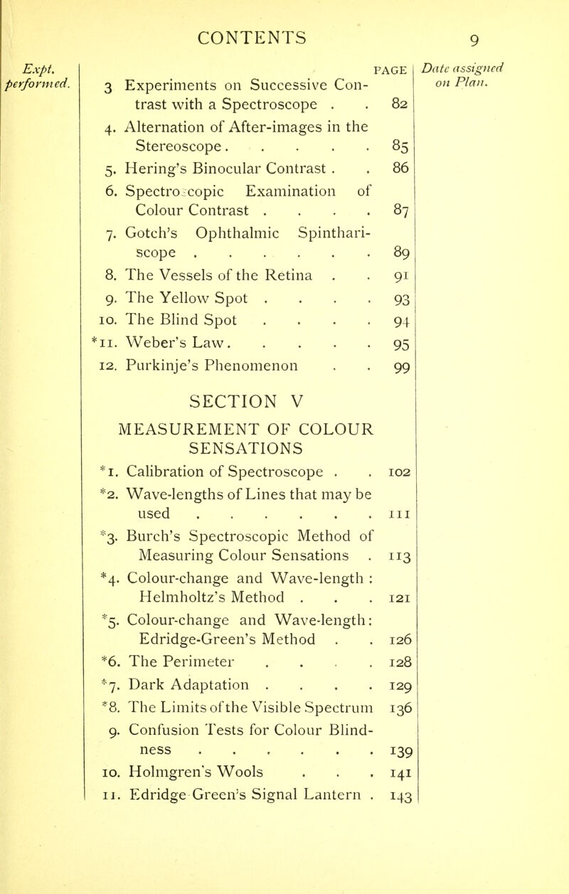 3 Experiments on Successive Con trast with a Spectroscope . 4. Alternation of After-images in the Stereoscope.... 5. Hering's Binocular Contrast . 6. Spectroscopic Examination of Colour Contrast . 7. Gotch's Ophthalmic Spinthari scope 8. The Vessels of the Retina 9. The Yellow Spot . 10. The Blind Spot 11. Weber's Law.... 12. Purkinje's Phenomenon SECTION V MEASUREMENT OF COLOUR SENSATIONS *i. Calibration of Spectroscope . *2. Wave-lengths of Lines that may be used *3- Burch's Spectroscopic Method of Measuring Colour Sensations *4. Colour-change and Wave-length : Helmholtz's Method . *5. Colour-change and Wave-length: Edridge-Green's Method *6. The Perimeter .... *7. Dark Adaptation .... *8. The Limits of the Visible Spectrum 9. Confusion Tests for Colour Blind- ness . . . . . 10. Holmgrens Wools 11. Edridge Green's Signal Lantern . PAGE Date assigned on Plan. 82 85 86 87 89 91 93 94 95 99 113 126 128 129 136 139 141 143