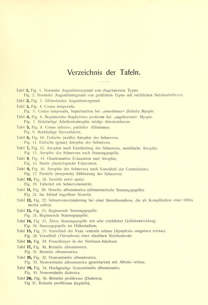 Verzeichnis der Tafeln. Tafel 1, Fig. 1. Normaler Augenhintergrund von chagriniertem Typus. Fig. 2. Normaler Augenhintergrund von getäfeltem Typus mit reichlichen Netzhautreflexen. Tafel 2, Fig. 3. Albinotischer Augenhintergrund. Tafel 3, Fig. 4. Conus temporalis. Fig. 5. Conus temporalis, Supertraction bei „erworbener (Schul-) Myopie. Tafel 4, Fig. 6. Beginnendes Staphyloma posticum bei „angeborener Myopie. Fig. 7. Sichelartige Aderhautsatrophie infolge Arteriosklerose. Tafel 5, Fig. 8. Conus inferior; partieller Albinismus. Fig. 9. Markhaltige Nervenfasern. Tafel 6, Fig. 10. Einfache (weiße) Atrophie des Sehnerven. Fig. 11. Einfache (graue) Atrophie des Sehnerven. Tafel 7, Fig. 12. Atrophie nach Entzündung des Sehnerven, neuritische Atrophie. Fig. 13. Atrophie des Sehnerven nach Stauungspapille. Tafel 8, Fig. 14. Glaukomatöse Exkavation und Atrophie. Fig. 15. Starke physiologische Exkavation. Tafel 9, Fig. 16. Atrophie des Sehnerven nach Verschluß der Centraiarterie. Fig. 17. Partielle (temporale) Abblassung des Sehnerven. Tafel 10, Fig. 18. Neuritis nervi optici. Fig. 19. Tuberkel am Sehnerveneintritt. Tafel 11, Fig. 20. Neuritis albuminurica (albuminurische Stauungspapille). Fig. 21. Im Ablauf begriffene Neuritis. Tafel 12, Fig. 22. Sehnervenveränderung bei einer Sinusthrombose, die als Komplikation einer Otitis media auftrat. Tafel 13, Fig. 23. Beginnende Stauungspapille. Fig. 24. Beginnende Stauungspapille. Tafel 14, Fig. 25. Ältere Stauungspapille mit sehr reichlicher Gefäßentwicklung. Fig. 26. Stauungspapille im Höhestadium. Tafel 15, Fig. 27. Verschluß der Vena centralis retinae (Apoplexia sanguinea retinae). Fig. 28. Verschluß (Thrombose) einer einzelnen Netzhautvene. Tafel 16, Fig. 29. Fremdkörper in der Netzhaut-Aderhaut. Tafel 17, Fig. 30. Retinitis albuminurica. Fig. 31. Retinitis albuminurica. Tafel 18, Fig. 32. Neuroretinitis albuminurica. Fig. 33. Neuroretinitis albuminurica (gravidarum) mit Ablatio retinae. Tafel 19, Fig. 34. Hochgradige Neuroretinitis albuminurica. Fig. 35. Neuroretinitis diabetica. Tafel 20, Fig. 36. Retinitis proliferans (Diabetes). Fig 37. Retinitis proliferans (Syphilis).