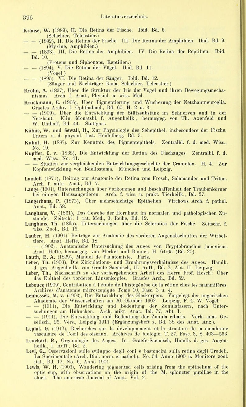 Krause, W. (1889), II. Die Retina der Fische. Ibid. Bd. 6. (Selachier, Teleostier.) (1892), II. Die Retina der Fische. III. Die Retina der Amphibien. Ibid. Bd. 9. (Myxine, Amphibien.) — — (1893), III. Die Retina der Amphibien. IV. Die Retina der Reptilien. Ibid. Bd. 10. (Proteus und Siphonops, Reptilien.) (1894), V. Die Retina der Vögel. Ibid. Bd. 11. (Vögel.) (1895), VI. Die Retina der Säuger. Ibid. Bd. 12. (Säuger und Nachträge: Rana, Selachier, Teleostier.) Krohn, A. (1837), Über die Struktur der Iris der Vögel und ihren Bewegungsmecha- nismus. Arch. f. Anat., Physiol. u. wiss. Med. Krückmann, E. (1905), Über Pigmentierung und Wucherung der Netzhautneuroglia. Graefes Archiv f. Ophthalmol., Bd. 60, H. 2 u. 3. — — (1909), Über die Entwicklung der Stützsubstanz im Sehnerven und in der Netzhaut. Klin. Monatsbl. f. Augenheilk., herausgeg. von Th. Axenfeld und W. Uhthoff, Bd. 44. Stuttgart. Kühne, W. und Sevvall, H., Zur Physiologie des Sehepithel, insbesondere der Fische. Unters, a. d. physiol. Inst. Heidelberg, Bd. 3. Kuhnt, H. (1887). Zur Kenntnis des Pigmentepithels. Zentralbl. f. d. med. Wiss., No. 19. Kupffer, C. v. (1S68), Die Entwicklung der Retina des Fischauges. Zentralbl. f. d. med. Wiss., No. 41. — — Studien zur vergleichenden Entwicklungsgeschichte der Cranioten. H. 4. Zur Kopfentwicklung von Bdellostoma. München und Leipzig. Landolt (1871), Beitrag zur Anatomie der Retina vom Frosch, Salamander und Triton. Arch. f. mikr. Anat., Bd. 7. Lange (1901), Untersuchungen über Vorkommen und Beschaffenheit der Traubenkörner bei einigen Haussäugetieren. Arch. f. wiss. u. prakt. Tierheilk., Bd. 27. Langerhans, P. (1873), Über mehrschichtige Epithelien. Virchows Arch. f. pathol. Anat., Bd. 58. Langhans, V. (1861), Das Gewebe der Hornhaut im normalen und pathologischen Zu- stande. Zeitschr. f. rat. Med., 3. Reihe, Bd. 12. Langhans, Th. (1865), Untersuchungen über die Sclerotica der Fische. Zeitschr. f. wiss. Zool., Bd. 15. Lauber, H. (1901), Beiträge zur Anatomie des vorderen Augenabschnittes der Wirbel- tiere. Anat. Hefte, Bd. 18. — — (1902), Anatomische Untersuchung des Auges von Cryptobranchus japonicus. Anat. Hefte, herausgeg. von Merkel und Bonnet, H. 64/65 (Bd. 20). Lauth, E. A. (1829), Manuel de l'anatomiste. Paris. Leber, Th. (1903), Die Zirkulations- und Ernährungsverhältnisse des Auges. Handb. d. ges. Augenheilk. von Graefe-Saemisch, II. Aufl., Bd. 2, Abt. II, Leipzig. Leber, Th., Nachschrift zu der vorhergehenden Arbeit des Herrn Prof. Hosch: Über das Epithel des vorderen Linsenkopfes. Graefes Arch., Bd. 52. Leboucq (1909), Contribution ä l'etude de l'histogönese de la retine chez les mammiferes. Archives d'anatomie microscopique Tome 10, Fase. 3 u. 4. Lenhossek, M. v. (1903), Die Entwicklung des Glaskörpers. Vorgelegt der ungarischen Akademie der Wissenschaften am 20. Oktober 1902. Leipzig, F. C. W. Vogel. — — (1911), Die Entwicklung und Bedeutung der Zonulafasern, nach Unter- suchungen am Hühnchen. Arch. mikr. Anat., Bd. 77, Abt. I. — — (1911), Die Entwicklung und Bedeutung der Zonula eiliaris. Verh. anat. Ge- sellsch., 25. Vers., Leipzig 1911 (Ergänzungsheft z. Bd. 38 des Anat. Anz.). Leplat, G. (1912), Recherches sur la developpement et la strueture de la membrane vasculaire de l'oeil des oiseaux. Archives de biologie, T. 27, Fase. 3, S. 403—533. Leuckart, R., Organologie des Auges. In: Graefe-Saemisch, Handb. d. ges. Augen- heilk., I. Aufl., Bd. 2. Levi, G., Osservazioni sulle sviluppo degli coni e bastoncini sulla retina degli Urodeli. La Sperimentale (Arch. Biol. norm, et pathol.), No. 54, Anno 1900 u. Monitore zool. ital., Bd. 12, No. 6. Anno 1901. Lewis, W. H. (1903), Wandering pigmented cells arising from the epithelium of the optic cup, with observations on the origin of the M. sphineter pupillae in the chick. The amnricae Journal of Anat., Vol. 2.