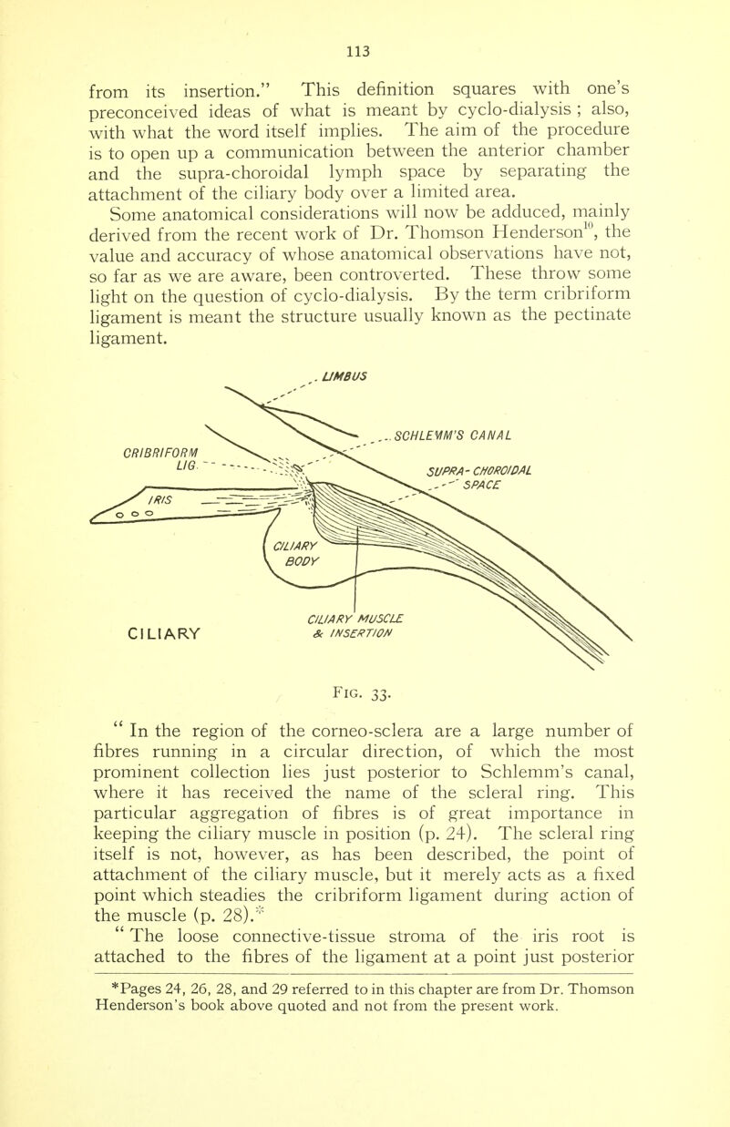 from its insertion. This definition squares with one's preconceived ideas of what is meant by cyclo-dialysis ; also, with what the word itself implies. The aim of the procedure is to open up a communication between the anterior chamber and the supra-choroidal lymph space by separating the attachment of the ciliary body over a limited area. Some anatomical considerations will now be adduced, mainly derived from the recent work of Dr. Thomson Henderson10, the value and accuracy of whose anatomical observations have not, so far as we are aware, been controverted. These throw some light on the question of cyclo-dialysis. By the term cribriform ligament is meant the structure usually known as the pectinate ligament. ,. UMBUS Fig. 33.  In the region of the corneo-sclera are a large number of fibres running in a circular direction, of which the most prominent collection lies just posterior to Schlemm's canal, where it has received the name of the scleral ring. This particular aggregation of fibres is of great importance in keeping the ciliary muscle in position (p. 24). The scleral ring itself is not, however, as has been described, the point of attachment of the ciliary muscle, but it merely acts as a fixed point which steadies the cribriform ligament during action of the muscle (p. 28).;,c  The loose connective-tissue stroma of the iris root is attached to the fibres of the ligament at a point just posterior *Pages 24, 26, 28, and 29 referred to in this chapter are from Dr. Thomson Henderson's book above quoted and not from the present work.