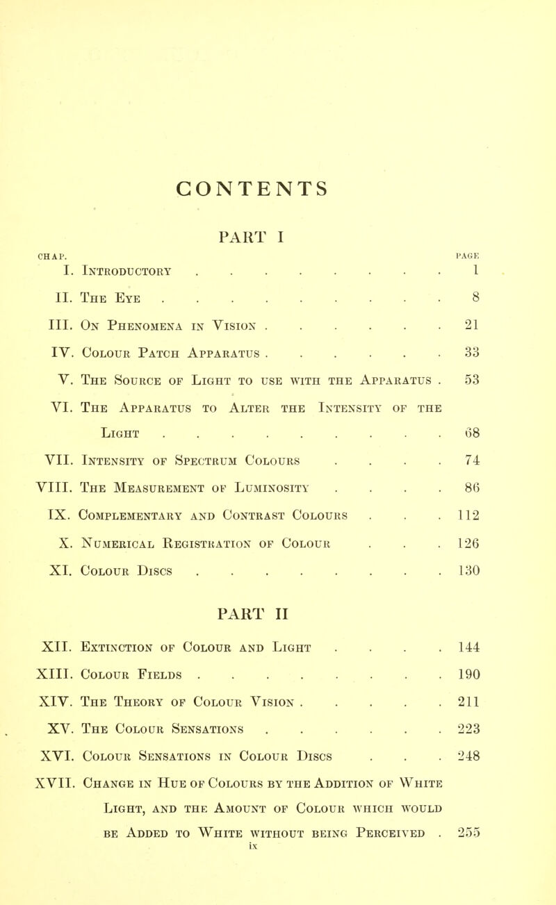 CONTENTS PART I CHAP. PAGE I. Introductory ........ I II. The Eye 8 III. On Phenomena in Vision . . . . . .21 IV. Colour Patch Apparatus ...... 33 V. The Source of Light to use with the Apparatus . 53 VI. The Apparatus to Alter the Intensity of the Light ......... 68 VII. Intensity of Spectrum Colours .... 74 VIII. The Measurement of Luminosity . . . .86 IX. Complementary and Contrast Colours . . .112 X. Numerical Registration of Colour . . .126 XI. Colour Discs 130 PART II XII. Extinction of Colour and Light . . . .144 XIII. Colour Fields . .190 XIV. The Theory of Colour Vision 211 XV. The Colour Sensations ...... 223 XVI. Colour Sensations in Colour Discs . . . 248 XVII. Change in Hue of Colours by the Addition of White Light, and the Amount of Colour which would be Added to White without being Perceived . 255