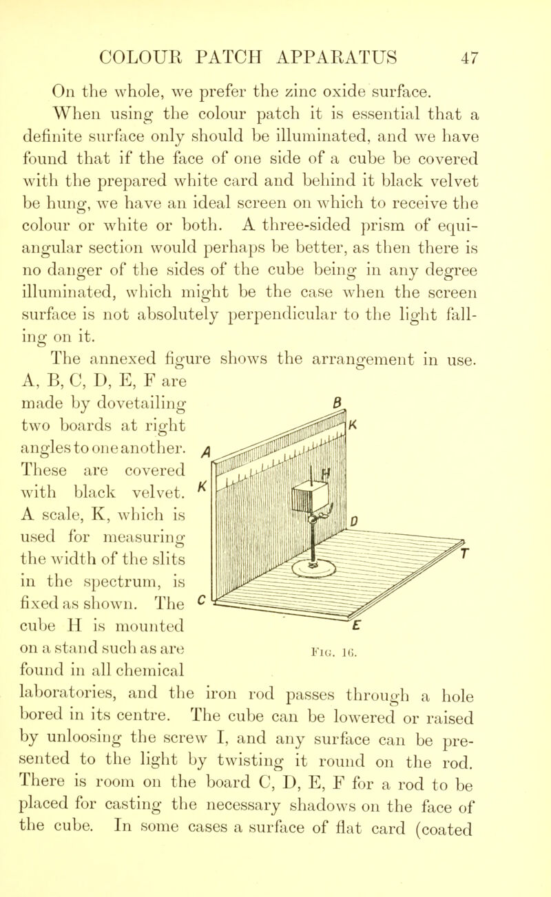 On the whole, we prefer the zinc oxide surface. When using the colour patch it is essential that a definite surface only should be illuminated, and we have found that if the face of one side of a cube be covered with the prepared white card and behind it black velvet be hung, we have an ideal screen on which to receive the colour or white or both. A three-sided prism of equi- angular section would perhaps be better, as then there is no danger of the sides of the cube being in any degree illuminated, which might be the case when the screen surface is not absolutely perpendicular to the light fall- ing on it. The annexed figure shows the arrangement in use. A, B, C, D, E, F are made by dovetailing two boards at right angles to one another. These are covered with black velvet. A scale, K, which is used for measuring the width of the slits in the spectrum, is fixed as shown. The cube H is mounted on a stand such as are found in all chemical laboratories, and the iron rod passes through a hole bored in its centre. The cube can be lowered or raised by unloosing the screw I, and any surface can be pre- sented to the light by twisting it round on the rod. There is room on the board C, D, E, F for a rod to be placed for casting the necessary shadows on the face of the cube. In some cases a surface of flat card (coated