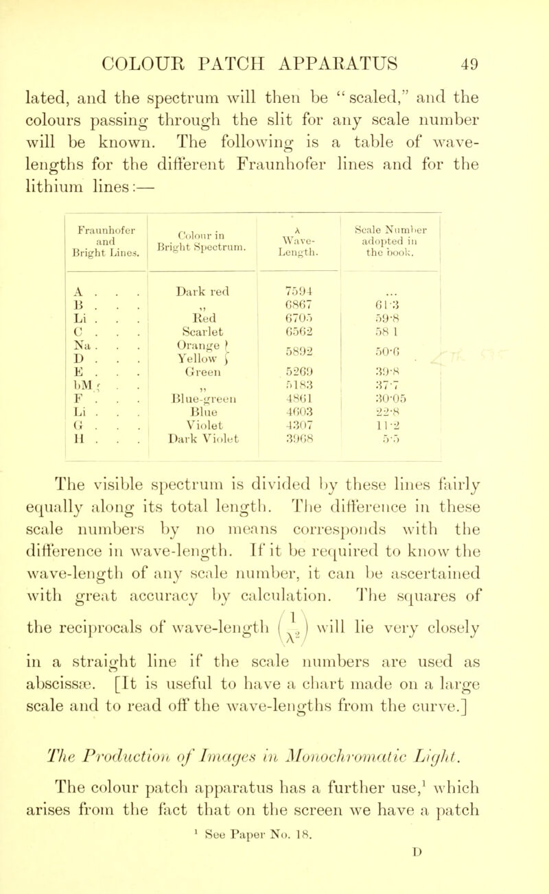 lated, and the spectrum will then be  scaled, and the colours passing through the slit for any scale number will be known. The following is a table of wave- lengths for the different Fraunhofer lines and for the lithium lines:— Fraunhofer Colour in Bright Spectrum. A Scale Number and Bright Lines. Wave- Length. adopted in the book. A . . . Dark red 7594 B . . . 6867 61-3 Li . . . Red 6705 59-8 C . . . Scarlet 6562 58 I Na. . . D . . . Orange ) Yellow J 5892 50-6 E . . . Green 5269 39-8 bM; . . 5183 377 F . . . Blue-green Blue 4861 30-05 Li . . . 4603 22-8 G . . . Violet 4307 11-2 11 . . . Dark Violet 3968 5*5 The visible spectrum is divided hy these lines fairly equally along its total length. The difference in these scale numbers by no means corresponds with the difference in wave-length. If it be required to know the wave-length of any scale number, it can be ascertained with great accuracy by calculation. The squares of the reciprocals of wave-length ( ^ I will lie very closely in a straight line if the scale numbers are used as abscissae. [It is useful to have a chart made on a large scale and to read off the wave-lengths from the curve.] The Production of Images in Monochromatic Light. The colour patch apparatus has a further use,1 which arises from the fact that on the screen we have a patch 1 See Paper No. 18. D