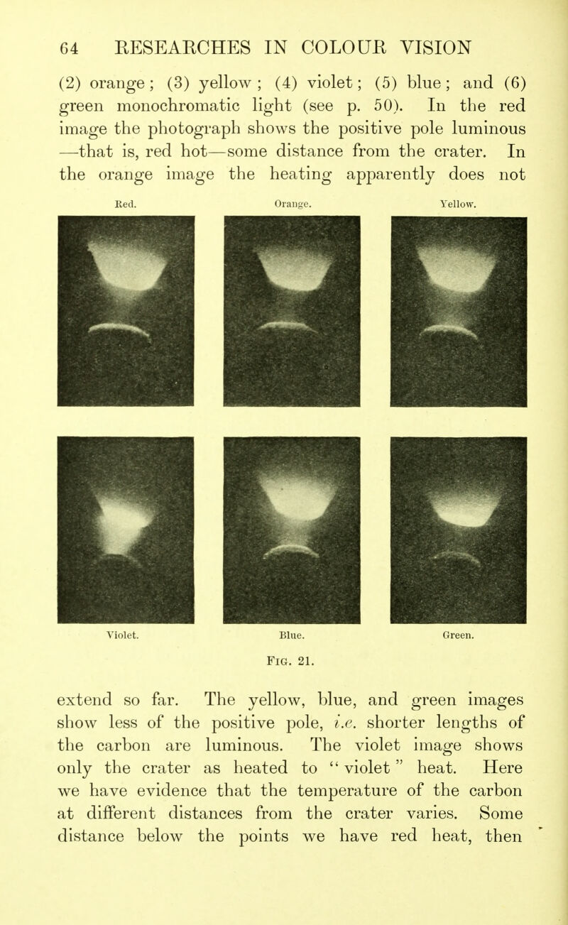 (2) orange ; (3) yellow ; (4) violet; (5) blue ; and (6) green monochromatic light (see p. 50). In the red image the photograph shows the positive pole luminous —that is, red hot—some distance from the crater. In the orange image the heating apparently does not Red. Orange. Yellow. Violet. Green. extend so far. The yellow, blue, and green images show less of the positive pole, i.e. shorter lengths of the carbon are luminous. The violet image shows only the crater as heated to  violet  heat. Here we have evidence that the temperature of the carbon at different distances from the crater varies. Some distance below the points we have red heat, then