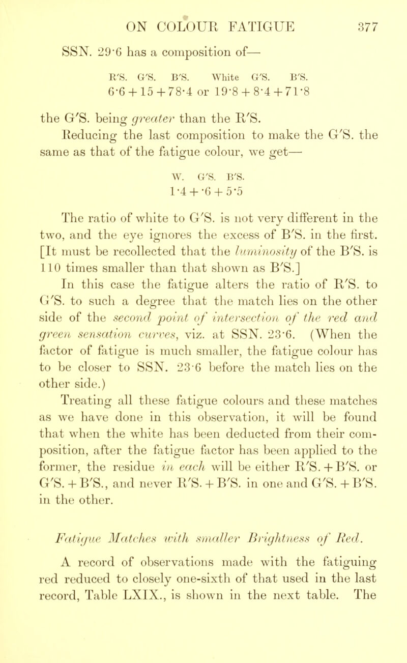 SSN. 29'6 has a composition of— R'S. G'S. B'S. White G'S. B'S. 6-6 + 15+78-4 or 19'8 + 8*4+ 71*8 the G'S. being greater than the R'S. Reducing the last composition to make the G'S. the same as that of the fatigue colour, we get— w. G'S. B'S. 1-4+ -6+ 5-5 The ratio of white to G'S. is not very different in the two, and the eye ignores the excess of B'S. in the first. [It must be recollected that the luminosity of the B'S. is 110 times smaller than that shown as B'S.] In this case the fatigue alters the ratio of R'S. to G'S. to such a degree that the match lies on the other side of the second jioint of intersection of the red and green sensation curves, viz. at SSN. 23'6. (When the factor of fatigue is much smaller, the fatigue colour has to be closer to SSN. 23*0 before the match lies on the other side.) Treating all these fatigue colours and these matches as we have done in this observation, it will be found that when the white has been deducted from their com- position, after the fatigue factor has been applied to the former, the residue in each will be either R'S. + B'S. or G'S. + B'S., and never U'S. + B'S. in one and G'S. + B'S. in the other. Fatigue Matches with smaller Brightness of Red. A record of observations made with the fatiguing red reduced to closely one-sixth of that used in the last record, Tabic LXIX., is shown in the next table. The
