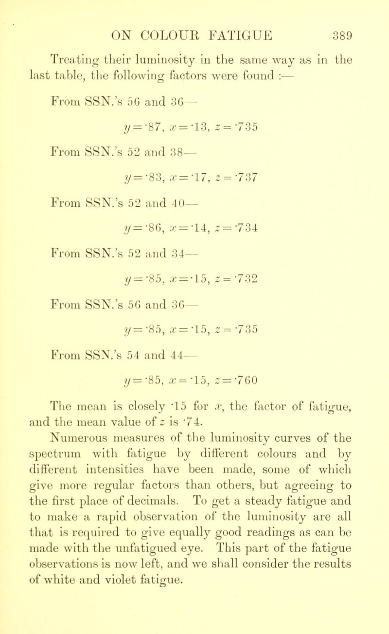 Treating their luminosity in the same way as in the last table, the following factors were found :— From SSN.'s 5G and 36— y=-87, E='13, z = 735 From SSN.'s 52 and 38— ?/=-83, .r='U, z='7S7 From SSN.'s 52 and 40— y=-86, a=14, 2=734 From SSN.'s 52 and 34- y='85, X = 'lD, s = 732 From SSN.'s 56 and 36- //= *85, x= *15, 2 = '735 From SSN.'s 54 and 44- y=-85, a?=-15, z = 760 The mean is closely 15 for $, the factor of fatigue, and the mean value of z is *74. Numerous measures of the luminosity curves of the spectrum with fatigue by different colours and by different intensities have been made, some of which give more regular factors than others, but agreeing to the first place of decimals. To get a steady fatigue and to make a rapid observation of the luminosity are all that is required to give equally good readings as can be made with the unfatigued eye. This part of the fatigue observations is now left, and we shall consider the results of white and violet fatigue.