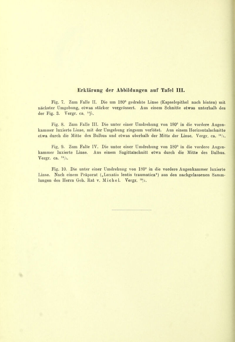 Fig. 7. Zum Falle II. Die um 180° gedrehte Linse (Kapselepithel nach hinten) mit nächster Umgebung, etwas stärker vergrössert. Aus einem Schnitte etwas unterhalb des der Fig. 3. Vergr. ca. ^^ji. Fig. 8. Zum Falle III. Die unter einer Umdrehung 7on 180° in die vordere Augen- kammer luxierte Linse, mit der Umgebung ringsum verlötet. Aus einem Horizontalschnitte etwa durch die Mitte des Bulbus und etwas oberhalb der Mitte der Linse. Vergr, ca. ^^/i. Fig. 9. Zum Falle IV. Die unter einer Umdrehung von 180° in die vordere Augen- kammer luxierte Linse. Aus einem Sagittalschnitt etwa durch die Mitte des Bulbus, Vergr. ca. ^Vi. Fig. 10. Die unter einer Umdrehung von 180° in die vordere Augenkammer luxierte Linse. Nach einem Präparat („Luxatio lentis traumatica) aus den nachgelassenen Samm- lungen des Herrn Geh. Rat v. Michel. Vergr. ^°/i.