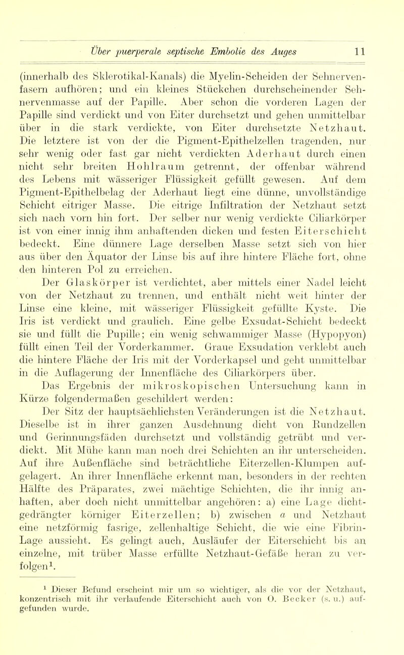 (innerhalb des Sklerotikal-Kanals) die Myelin-Scheiden der Sehnerven- fasern aufhören; und ein kleines Stückchen durchscheinender Seh- nervenmasse auf der Papille. Aber schon die vorderen Lagen der Papille sind verdickt und von Eiter durchsetzt und gehen unmittelbar über in die stark verdickte, von Eiter durchsetzte Netzhaut. Die letztere ist von der die Pigment-Epithelzellen tragenden, nur sehr wenig oder fast gar nicht verdickten Ader haut durch einen nicht sehr breiten Hohlraum getrennt, der offenbar während des Lebens mit wässeriger Flüssigkeit gefüllt gewesen. Auf dem Pigment-Epithelbelag der Aderhaut liegt eine dünne, unvollständige Schicht eitriger Masse. Die eitrige Infiltration der Netzhaut setzt sich nach vorn hin fort. Der selber nur wenig verdickte Ciliarkörper ist von einer innig ihm anhaftenden dicken und festen Eiterschicht bedeckt. Eine dünnere Lage derselben Masse setzt sich von hier aus über den Äquator der Linse bis auf ihre hintere Fläche fort, ohne den hinteren Pol zu erreichen. Der Glaskörper ist verdichtet, aber mittels einer Nadel leicht von der Netzhaut zu trennen, und enthält nicht weit hinter der Linse eine kleine, mit wässeriger Flüssigkeit gefüllte Kyste. Die Iris ist verdickt und graulich. Eine gelbe Exsudat-Schicht bedeckt sie und füllt die Pupille; ein wenig schwammiger Masse (Hypopyon) füllt einen Teil der Vorderkammer. Graue Exsudation verklebt auch die hintere Fläche der Iris mit der Vorderkapsel und geht unmittelbar in die Auflagerung der Lmenfläche des Ciliarkörpers über. Das Ergebnis der mikroskopischen Untersuchung kann in Kürze folgendermaßen geschildert werden: Der Sitz der hauptsächlichsten Veränderungen ist die Netzhaut. Dieselbe ist in ihrer ganzen Ausdehnung dicht von Kundzellen und Gerinnungsfäden durchsetzt und vollständig getrübt und ver- dickt. Mit Mühe kann man noch drei Schichten an ihr unterscheiden. Auf ihre Außenfläche sind beträchtliche Eiterzellen-Klumpen auf- gelagert. An ihrer Innenfläche erkennt man, besonders in der rechten Hälfte des Präparates, zwei mächtige Schichten, die ihr innig an- haften, aber doch nicht unmittelbar angehören: a) eine Lage dicht- gedrängter körniger Eiterzellen; b) zwischen a und Netzhaut eine netzförmig fasrige, zellenhaltige Schicht, die wie eine Fibrin- Lage aussieht. Es gelingt auch, Ausläufer der Eiterschicht bis an einzelne, mit trüber Masse erfüllte Netzhaut-Gefäße heran zu ver- folgen1. 1 Dieser Befund erscheint mir um so wichtiger, als die vor der Netzhaut, konzentrisch mit ihr verlaufende Eiterschicht auch von O. Becker (s. u.) auf- gefunden wurde.