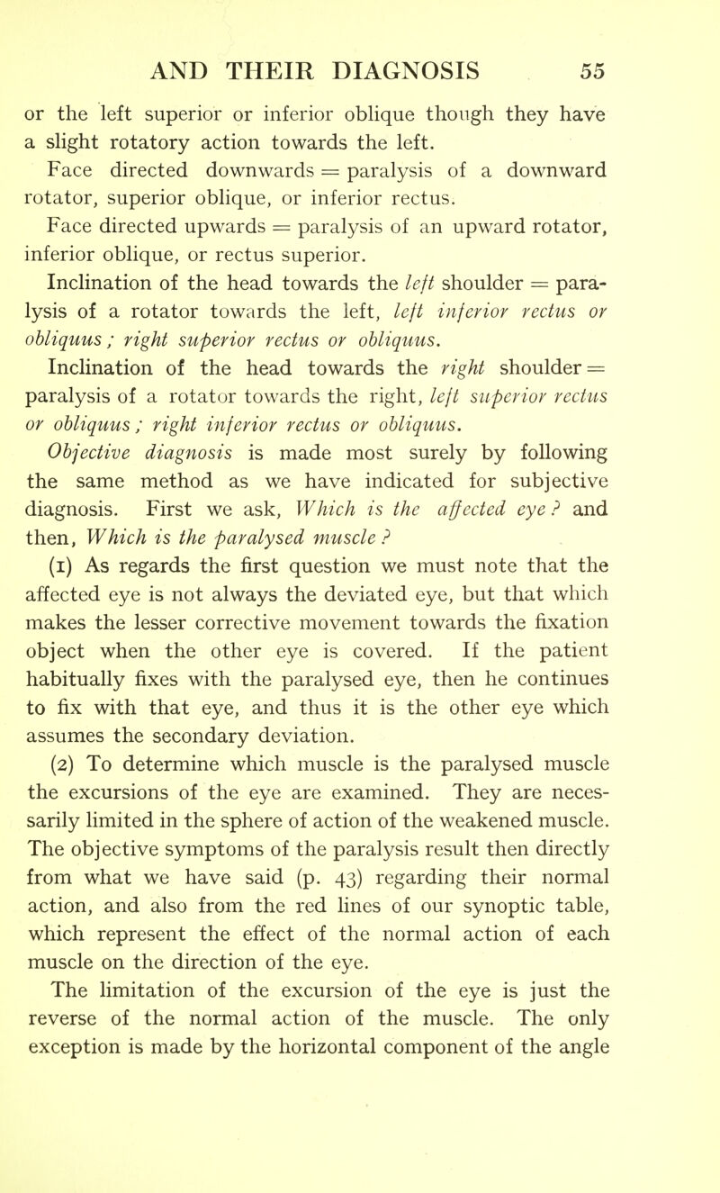 or the left superior or inferior oblique though they have a slight rotatory action towards the left. Face directed downwards = paralysis of a downward rotator, superior oblique, or inferior rectus. Face directed upwards = paralysis of an upward rotator, inferior oblique, or rectus superior. Inclination of the head towards the left shoulder para- lysis of a rotator towards the left, left inferior rectus or ohliquus ; right superior rectus or obliquus. Inclination of the head towards the right shoulder = paralysis of a rotator towards the right, left superior rectus or obliquus ; right inferior rectus or ohliquus. Objective diagnosis is made most surely by following the same method as we have indicated for subjective diagnosis. First we ask, Which is the affected eye ? and then, Which is the paralysed muscle ? (1) As regards the first question we must note that the affected eye is not always the deviated eye, but that which makes the lesser corrective movement towards the fixation object when the other eye is covered. If the patient habitually fixes with the paralysed eye, then he continues to fix with that eye, and thus it is the other eye which assumes the secondary deviation. (2) To determine which muscle is the paralysed muscle the excursions of the eye are examined. They are neces- sarily limited in the sphere of action of the weakened muscle. The objective symptoms of the paralysis result then directly from what we have said (p. 43) regarding their normal action, and also from the red lines of our synoptic table, which represent the effect of the normal action of each muscle on the direction of the eye. The limitation of the excursion of the eye is just the reverse of the normal action of the muscle. The only exception is made by the horizontal component of the angle