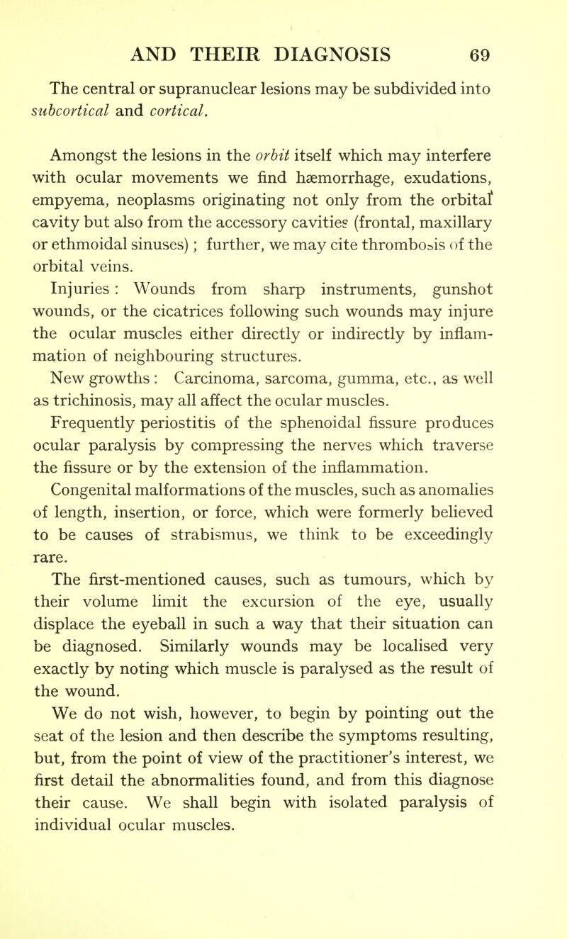 The central or supranuclear lesions may be subdivided into subcortical and cortical. Amongst the lesions in the orbit itself which may interfere with ocular movements we find haemorrhage, exudations, empyema, neoplasms originating not only from the orbitaf cavity but also from the accessory cavities (frontal, maxillary or ethmoidal sinuses); further, we may cite thrombosis of the orbital veins. Injuries : Wounds from sharp instruments, gunshot wounds, or the cicatrices following such wounds may injure the ocular muscles either directly or indirectly by inflam- mation of neighbouring structures. New growths : Carcinoma, sarcoma, gumma, etc., as well as trichinosis, may all affect the ocular muscles. Frequently periostitis of the sphenoidal fissure produces ocular paralysis by compressing the nerves which traverse the fissure or by the extension of the inflammation. Congenital malformations of the muscles, such as anomalies of length, insertion, or force, which were formerly believed to be causes of strabismus, we think to be exceedingly rare. The first-mentioned causes, such as tumours, which by their volume limit the excursion of the eye, usually displace the eyeball in such a way that their situation can be diagnosed. Similarly wounds may be localised very exactly by noting which muscle is paralysed as the result of the wound. We do not wish, however, to begin by pointing out the seat of the lesion and then describe the symptoms resulting, but, from the point of view of the practitioner's interest, we first detail the abnormalities found, and from this diagnose their cause. We shall begin with isolated paralysis of individual ocular muscles.