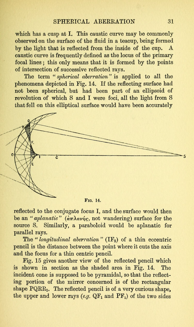 which has a cusp at I. This caustic curve may be commonly observed on the surface of the fluid in a teacup, being formed by the light that is reflected from the inside of the cup. A caustic curve is frequently defined as the locus of the primary focal lines; this only means that it is formed by the points of intersection of successive reflected rays. The term  spherical aberration is applied to all the phenomena depicted in Fig. 14. If the reflecting surface had not been spherical, but had been part of an ellipsoid of revolution of which S and I were foci, all the light from S that fell on this elliptical surface would have been accurately Fig. 14. reflected to the conjugate focus I, and the surface would then be an  aplanatic  (aw\avr)Q, not wandering) surface for the source S. Similarly, a paraboloid would be aplanatic for parallel rays. The  longitudinal aberration  (IF2) of a thin eccentric pencil is the distance between the point where it cuts the axis and the focus for a thin centric pencil. Fig. 15 gives another view of the reflected pencil which is shown in section as the shaded area in Fig. 14. The incident cone is supposed to be pyramidal, so that the reflect- ing portion of the mirror concerned is of the rectangular shape PQEEi. The reflected pencil is of a very curious shape, the upper and lower rays (e.g. QFx and PFX) of the two sides