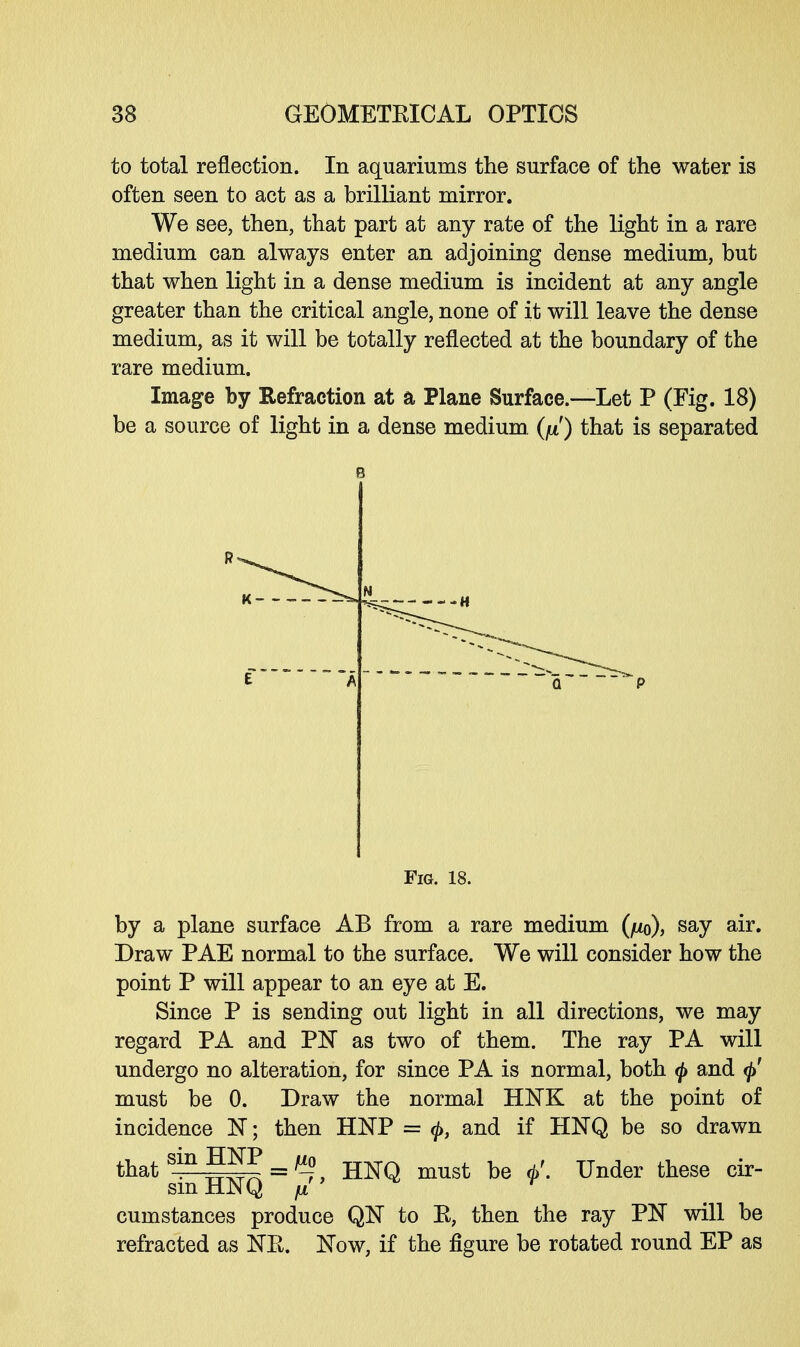 to total reflection. In aquariums the surface of the water is often seen to act as a brilliant mirror. We see, then, that part at any rate of the light in a rare medium can always enter an adjoining dense medium, but that when light in a dense medium is incident at any angle greater than the critical angle, none of it will leave the dense medium, as it will be totally reflected at the boundary of the rare medium. Image by Refraction at a Plane Surface.—Let P (Fig. 18) be a source of light in a dense medium (p') that is separated R Fig. 18. by a plane surface AB from a rare medium (po), say air. Draw PAE normal to the surface. We will consider how the point P will appear to an eye at E. Since P is sending out light in all directions, we may regard PA and PN as two of them. The ray PA will undergo no alteration, for since PA is normal, both <j> and <j>' must be 0. Draw the normal HNK at the point of incidence 1ST; then HNP = <£, and if HNQ be so drawn that sm j?^ = ^, HNQ must be d>\ Under these cir- sm H1STQ juL r cumstances produce QN to E, then the ray PN will be refracted as NPv. Now, if the figure be rotated round EP as
