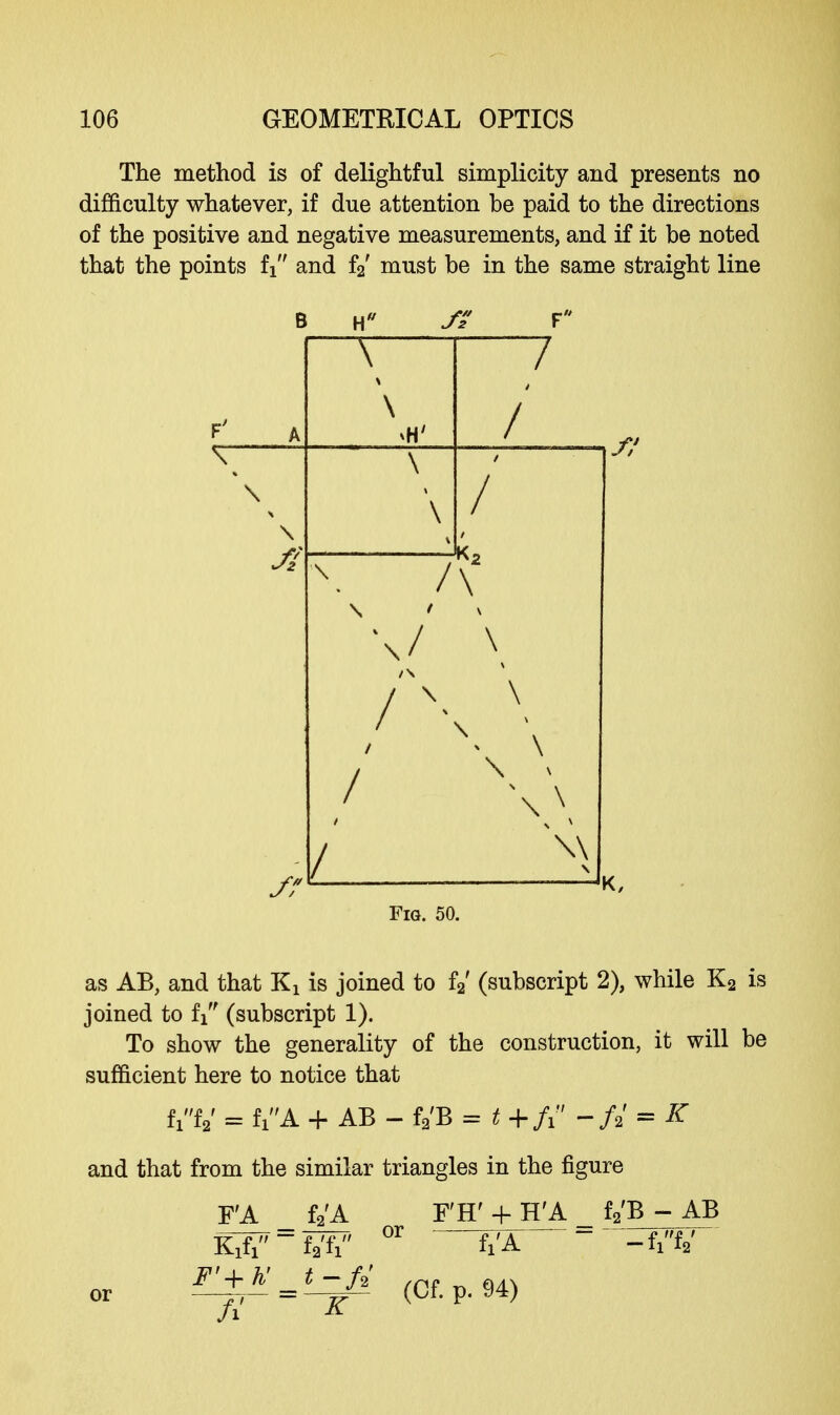 The method is of delightful simplicity and presents no difficulty whatever, if due attention be paid to the directions of the positive and negative measurements, and if it be noted that the points fi and f2' must be in the same straight line Fig. 50. as AB, and that Kx is joined to f2' (subscript 2), while K2 is joined to i (subscript 1). To show the generality of the construction, it will be sufficient here to notice that rY'rV = f/'A + AB - f2'B = t -/2' = K and that from the similar triangles in the figure F'A or KA fa'fi F'+h' t-f2' fa'A F'H' + H'A f2'B - AB or K fi'A (Of. p. 94)