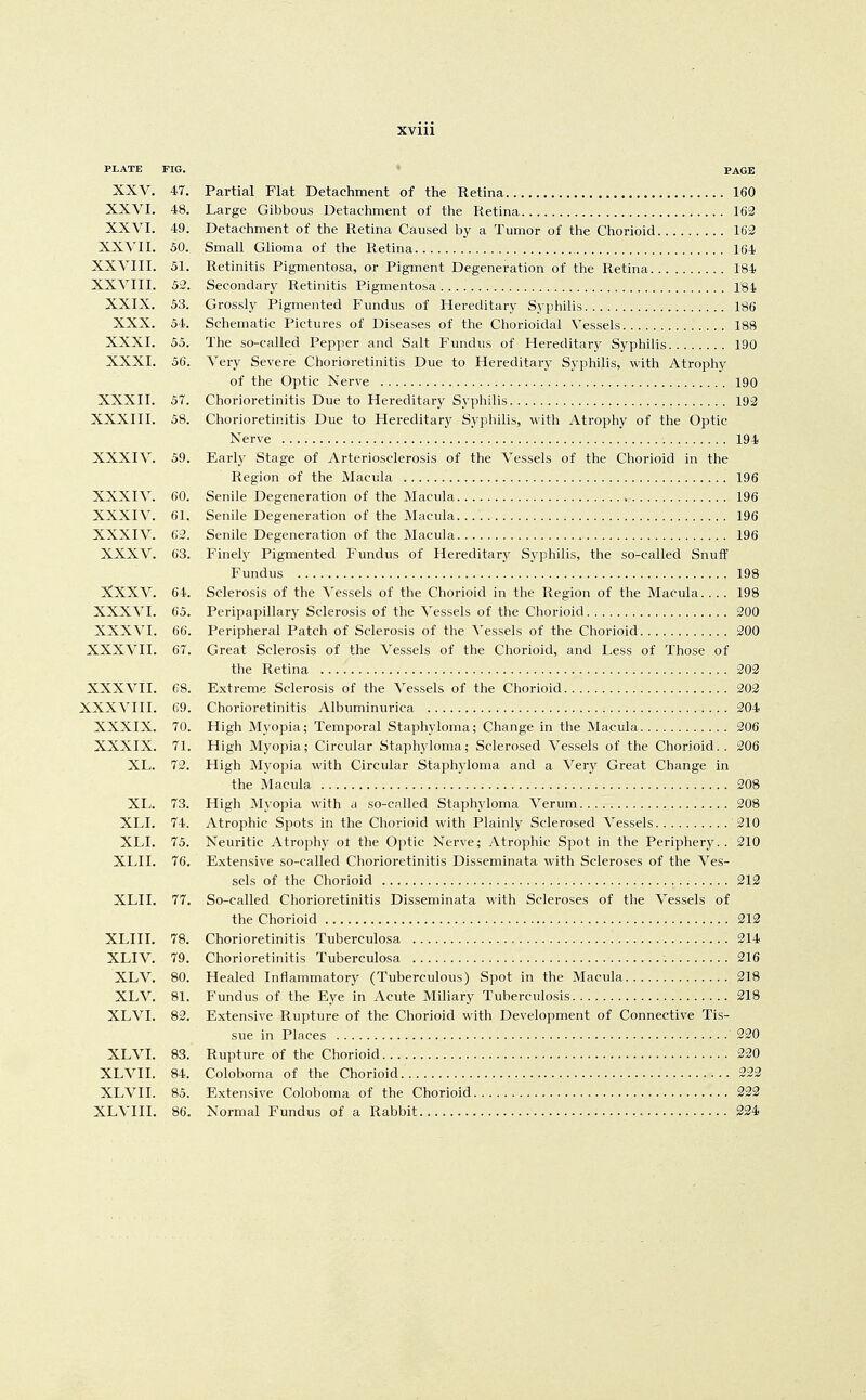 XVlll PLATE FIG. ' PAGE XXV. 47. Partial Flat Detachment of the Retina 160 XXVI. 48. Large Gibbous Detachment of the Retina 163 XXVI. 49. Detachment of the Retina Caused by a Tumor of the Chorioid 163 XXVII. 50. Small Glioma of the Retina 164 XXVIII. 51. Retinitis Pigmentosa, or Pigment Degeneration of the Retina 184 XXVIII. 5-2. Secondary Retinitis Pigmentosa 184 XXIX. 53. Grossly Pigmented Fundus of Hereditary Syphilis 186 XXX. 54. Schematic Pictures of Diseases of the Chorioidal Vessels 188 XXXI. 55. The so-called Pepper and Salt Fundus of Hereditary Syphilis 190 XXXI. 56. Very Severe Chorioretinitis Due to Hereditary Syphilis, with Atrojohy of the Optic Nerve 190 XXXII. 57. Chorioretinitis Due to Hereditary SyphiHs 192 XXXIII. 58. Chorioretinitis Due to Hereditary Syphilis, with Atrophy of the Optic Nerve 194 XXXIV. 59. Early Stage of Arteriosclerosis of the Vessels of the Chorioid in the Region of the Macula 196 XXXIV. 60. Senile Degeneration of the Macula , 196 XXXIV. 61. Senile Degeneration of the Macula 196 XXXIV. 63. Senile Degeneration of the Macula 196 XXXV. 63. Finely Pigmented Fundus of Hereditary Syphilis, the so-called Snuff Fundus 198 XXXV. 64. Sclerosis of the Vessels of the Chorioid in the Region of the Macula.... 198 XXXVI. 65. Peripapillary Sclerosis of the Vessels of the Chorioid 300 XXXVI. 66. Peripheral Patch of Sclerosis of the S'essels of the Chorioid 300 XXXVII. 67. Great Sclerosis of the Vessels of the Chorioid, and Less of Those of the Retina 303 XXXVII. 68. Extreme Sclerosis of the Vessels of the Chorioid 302 XXXVIII. 69. Chorioretinitis Albuminurica 304 XXXIX. 70. High Myopia; Temporal Staphyloma; Change in the Macula 306 XXXIX. 71. High Myopia; Circular Staphyloma; Sclerosed Vessels of the Chorioid.. 306 XL. 73. High Myopia with Circular Staphyloma and a Very Great Change in the Macula 308 XL. 73. High Myopia M'ith a so-called Staphyloma Verum 308 XLI. 74. Atrophic Spots in the Chorioid with Plainly Sclerosed Vessels 310 XLI. 75. Neuritic Atrophy ot the Optic Nerve; Atrophic Spot in the Periphery.. 310 XLII. 76. Extensive so-called Chorioretinitis Disseminata with Scleroses of the Ves- sels of the Chorioid 313 XLII. 77. So-called Chorioretinitis Disseminata with Scleroses of the Vessels of the Chorioid 312 XLIII. 78. Chorioretinitis Tuberculosa 214 XLIV. 79. Chorioretinitis Tuberculosa 316 XLV. 80. Healed Inflammatory (Tuberculous) Spot in the Macula 218 XLV. 81. Fundus of the Eye in Acute Miliary Tuberculosis 218 XLVI. 82. Extensive Rupture of the Chorioid with Development of Connective Tis- sue in Places 330 XLVI. 83. Rupture of the Chorioid 330 XLVIL 84. Coloboma of the Chorioid 232 XLVII. 85. Extensive Coloboma of the Chorioid 223 XLVIIL 86. Normal Fundus of a Rabbit 224