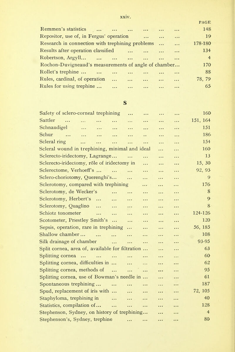 PAGE Remmen's statistics 145 Repositor, use of, in Fergus' operation 19 Research in connection with trephining problems ... 178-180 Results after operation classified 134 Robertson, Argyll... 4 Rochon-Duvigneaud's measurements of angle of chamber... 170 Rollet's trephine ... 88- Rules, cardinal, of operation 78, 79 Rules for using trephine ... 65 s Safety of sclero-corneal trephining 160 Sattler 151, 164 Schnaudigel 151 Schur 186 Scleral ring 154 Scleral wound in trephining, minimal and ideal 160 Sclerecto-iridectomy, Lagrange... 13 Sclerecto-iridectomy, role of iridectomy in 15, 30 Sclerectome, Verhoeff's ... 92, 93- Sclero-choriotomy, Querenghi's 9 Sclerotomy, compared with trephining 176 Sclerotomy, de Wecker's 8 Sclerotomy, Herbert's ... 9 Sclerotomy, Quaglino & Schiotz tonometer 124-126 Scotometer, Priestley Smith's ... 120 Sepsis, operation, rare in trephining ... 56, 185 Shallow chamber 108. Silk drainage of chamber 93-95 Split cornea, area of, available for filtration 63 Splitting cornea 60 Splitting cornea, difficulties in ... 62 Splitting cornea, methods of 95 Splitting cornea, use of Bowman's needle in 61 Spontaneous trephining ... 187 Spud, replacement of iris with ... 72, 105 Staphyloma, trephining in 40 Statistics, compilation of... 128 Stephenson, Sydney, on history of trephining... 4 Stephenson's, Sydney, trephine 80