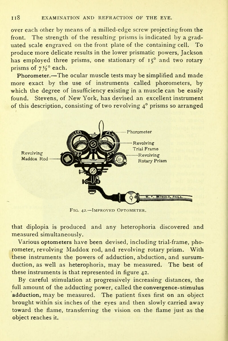 over each other by means of a milled-edge screw projecting from the front. The strength of the resulting prisms is indicated by a grad- uated scale engraved on the front plate of the containing cell. To produce more delicate results in the lower prismatic powers, Jackson has employed three prisms, one stationary of 150 and two rotary prisms of J%° each. Phorometer.—The ocular muscle tests may be simplified and made more exact by the use of instruments called phorometers, by which the degree of insufficiency existing in a muscle can be easily found. Stevens, of New York, has devised an excellent instrument of this description, consisting of two revolving 40 prisms so arranged 1 Revolving' Maddox Rod Fig. 42.—Improved Optometer. that diplopia is produced and any heterophoria discovered and measured simultaneously. Various optometers have been devised, including trial-frame, pho- rometer, revolving Maddox rod, and revolving rotary prism. With these instruments the powers of adduction, abduction, and sursum- duction, as well as heterophoria, may be measured. The best of these instruments is that represented in figure 42. By careful stimulation at progressively increasing distances, the full amount of the adducting power, called the convergence-stimulus adduction, may be measured. The patient fixes first on an object brought within six inches of the eyes and then slowly carried away toward the flame, transferring the vision on the flame just as the object reaches it.